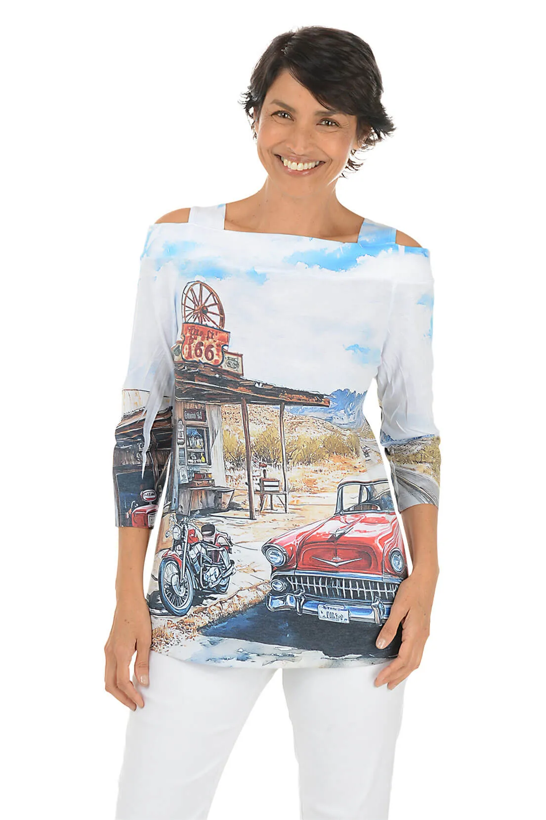 Petite Route 66 Cold Shoulder Knit Top Low Impact Manufacturing