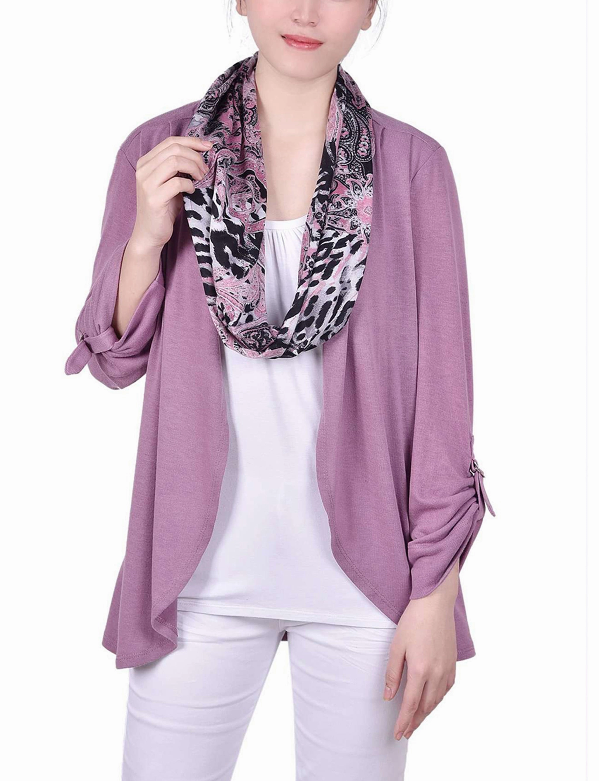 Petite 3/4 Roll Sleeve 3Fer Top With Detachable Scarf Temperature Regulating Textile Tear Resistant Fiber Blend