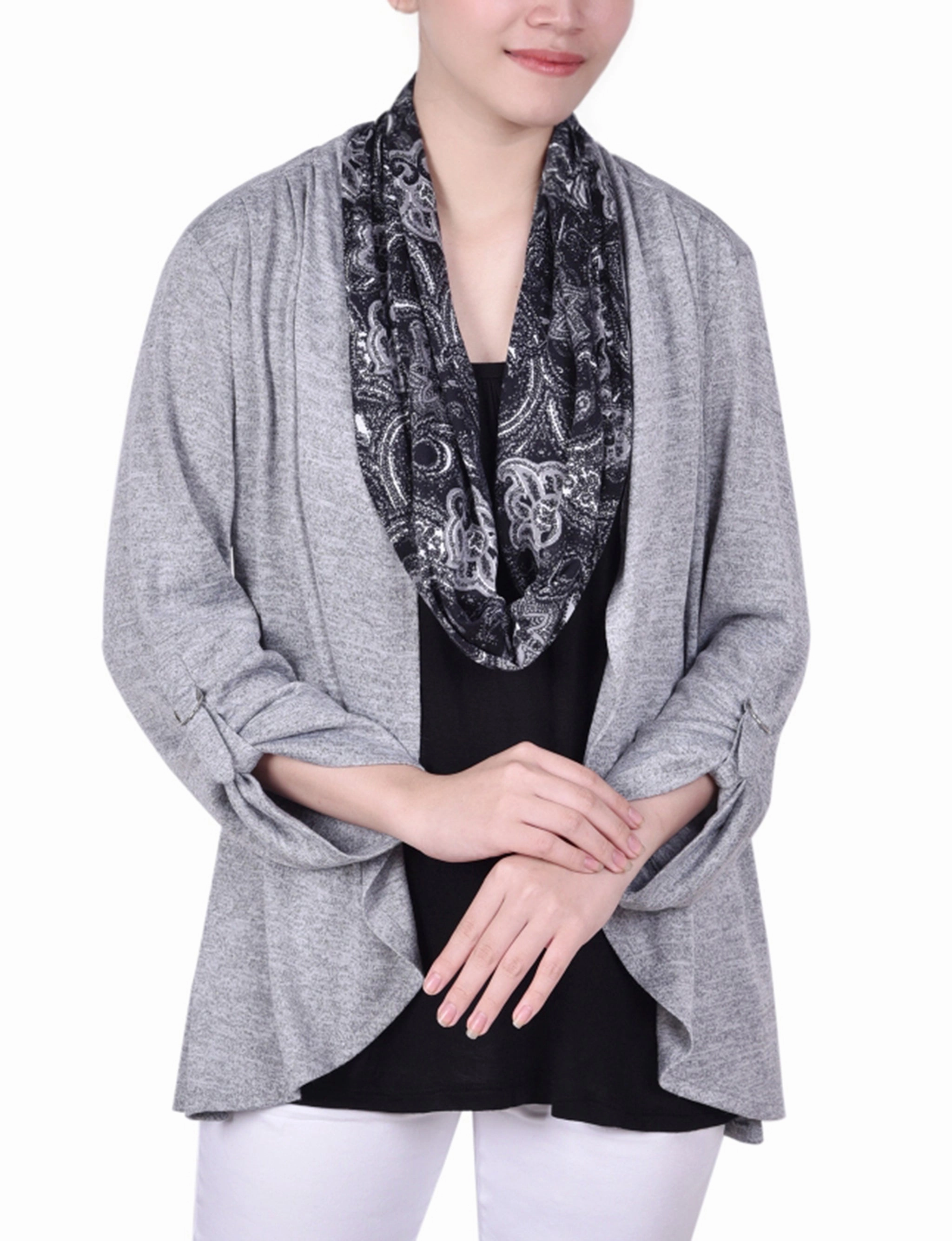 TexturedSurface Petite 3/4 Roll Sleeve 3Fer Top With Detachable Scarf