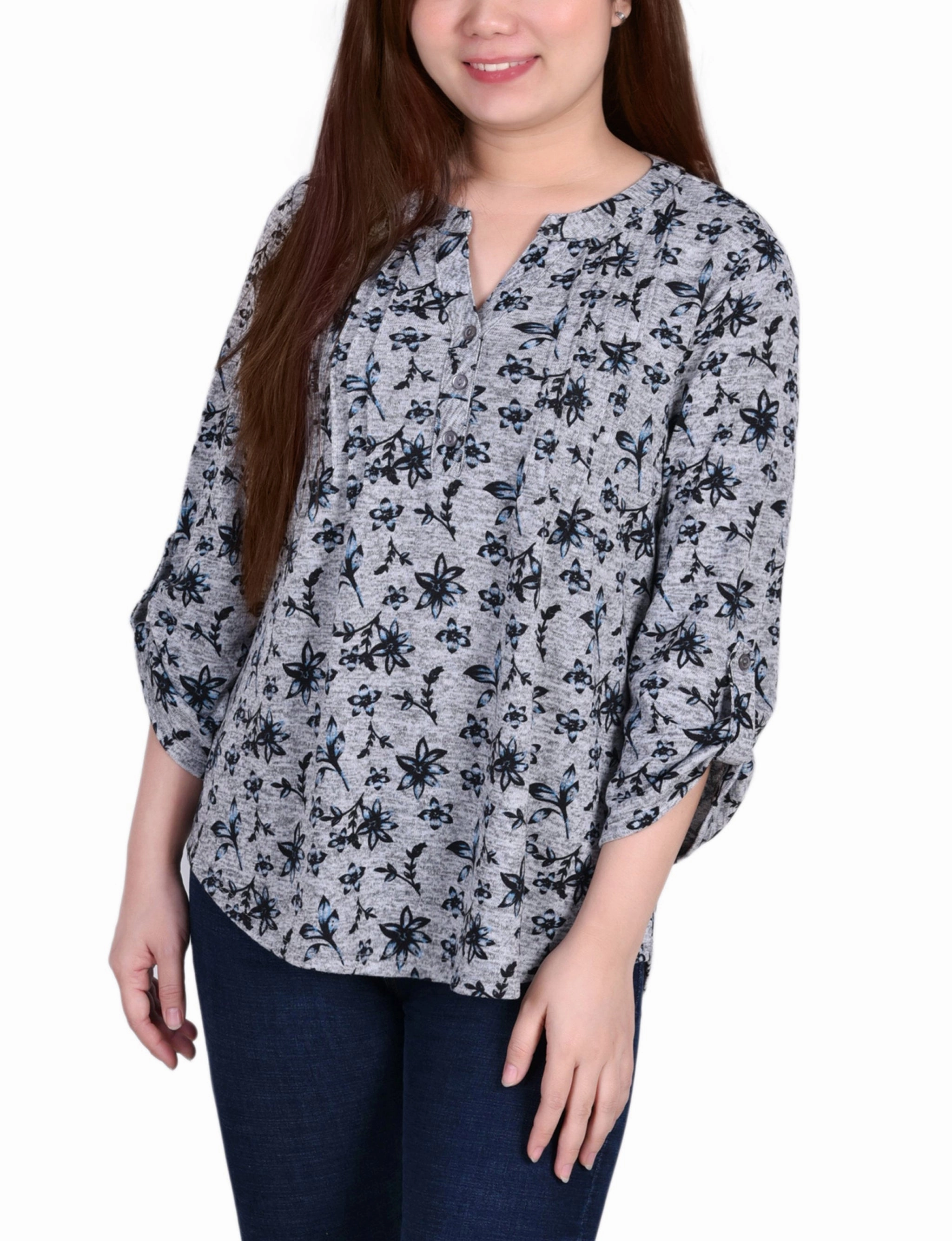 Petite 3/4 Roll Sleeve Top Flexible Knit Blend