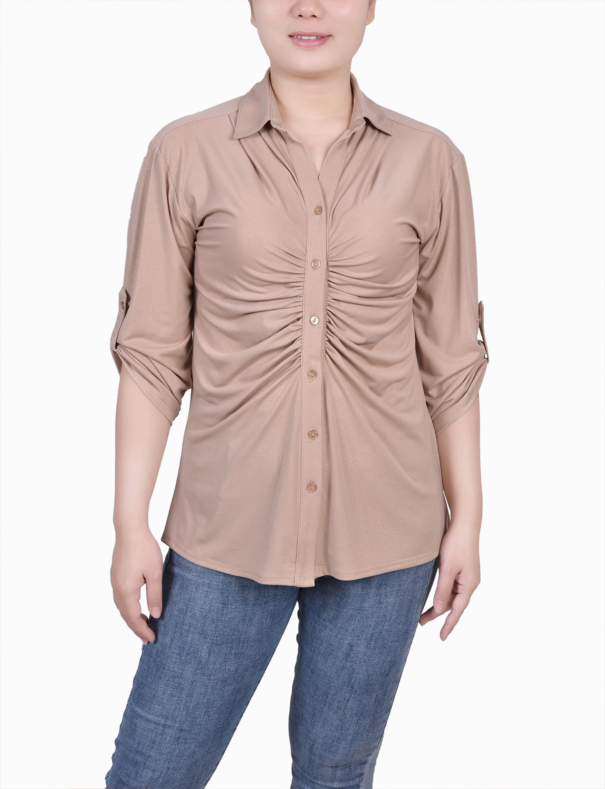 High Density Weave Petite 3/4 Roll Tab Rouched-Front Top