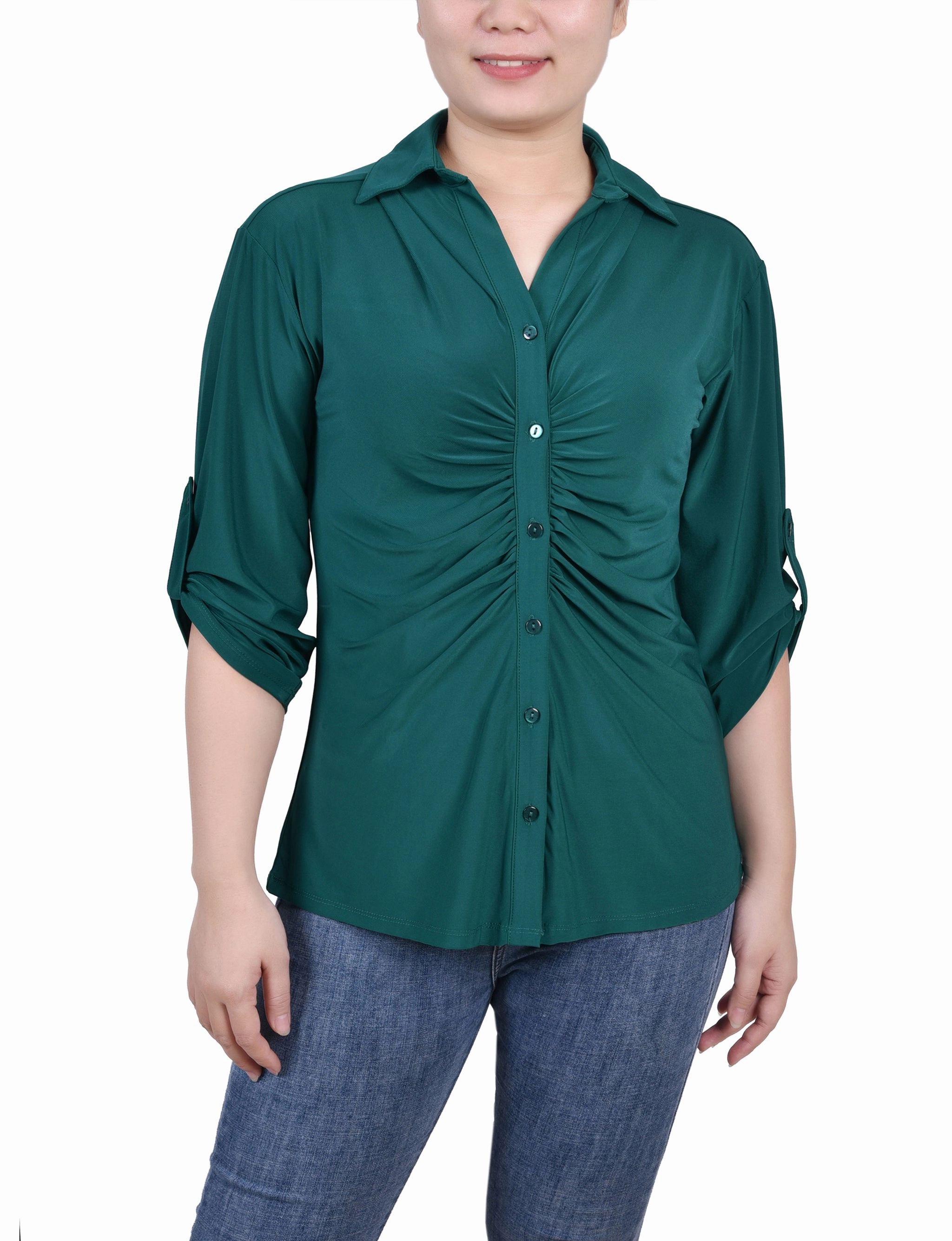 Petite 3/4 Roll Tab Rouched-Front Top AbrasionResistantFabric TearResistant