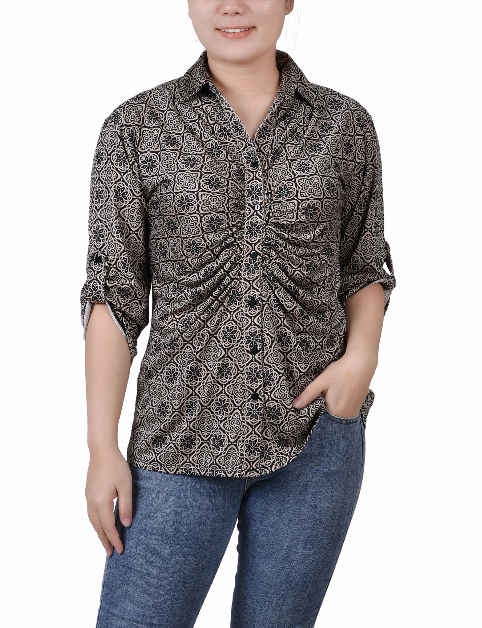 PreWashed Petite 3/4 Roll Tab Rouched-Front Top