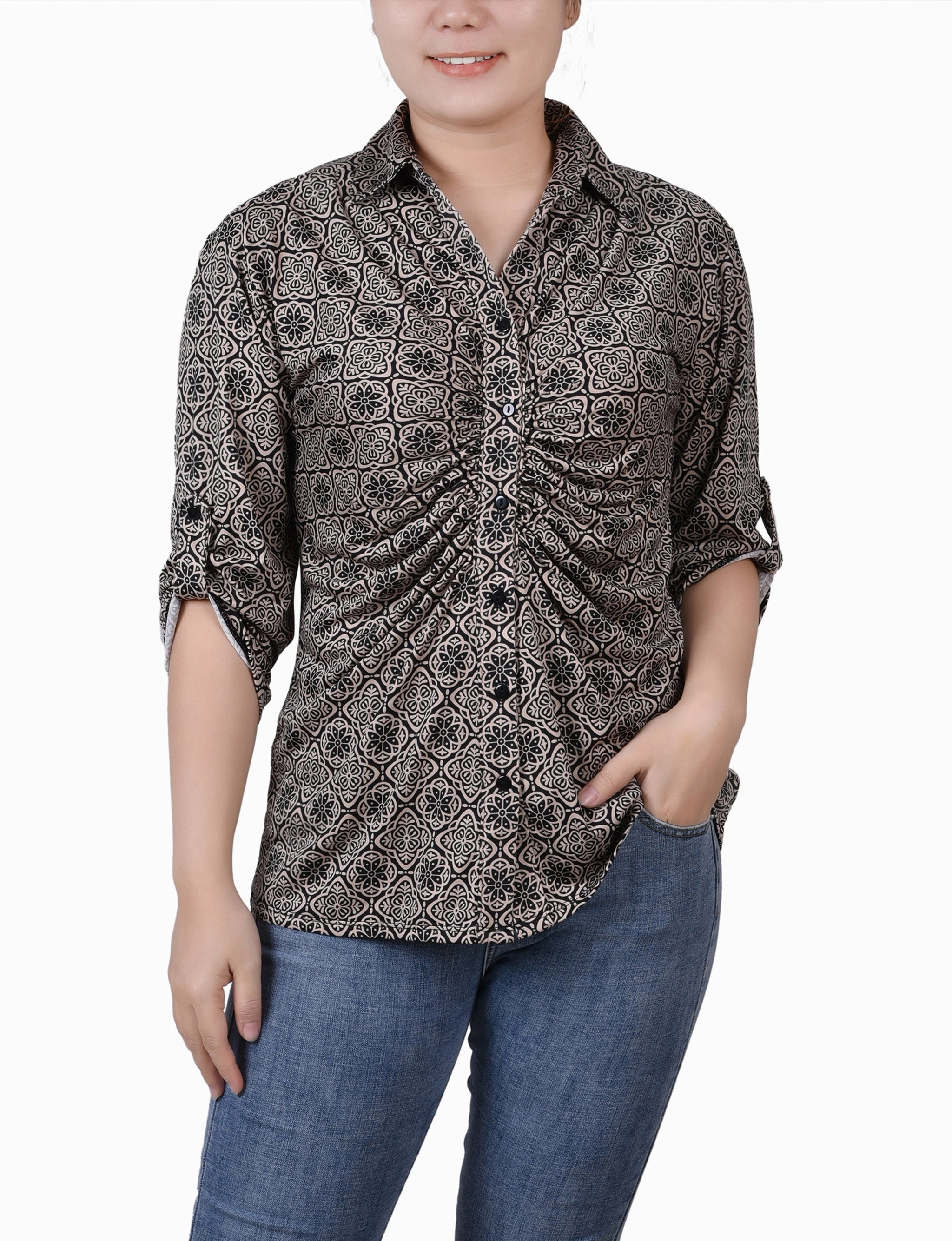 Petite 3/4 Roll Tab Rouched-Front Top Professional Cut