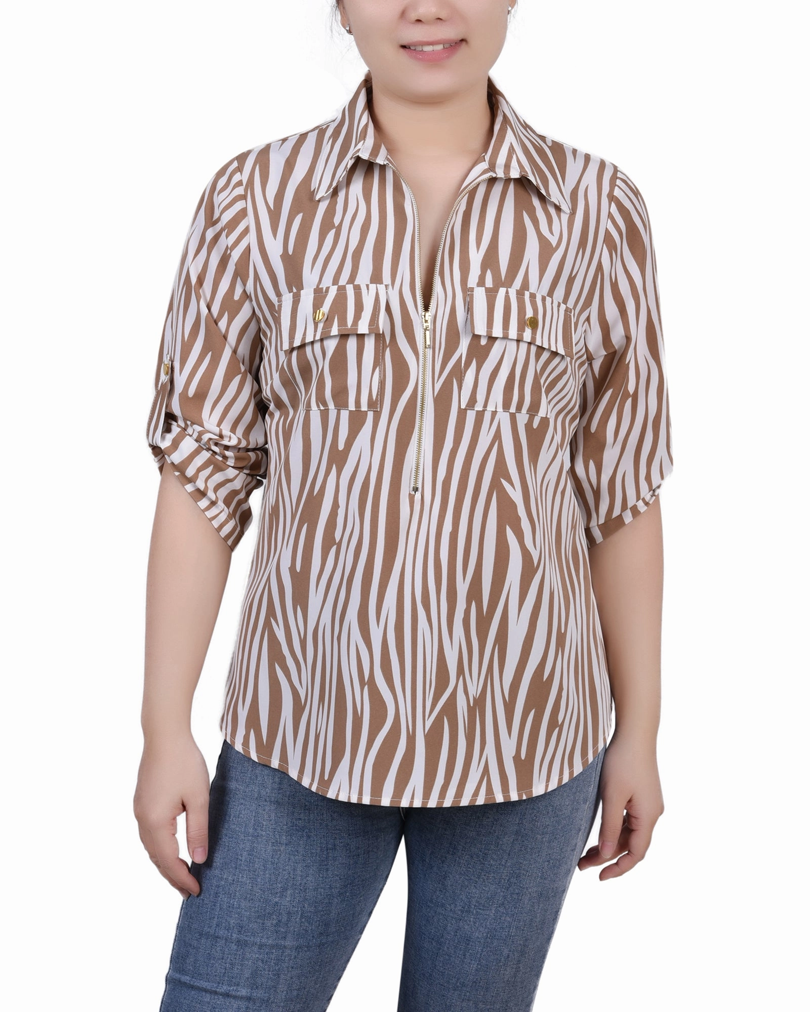 Petite 3/4 Roll Tab Sleeve Zip Front Top FadeResistant