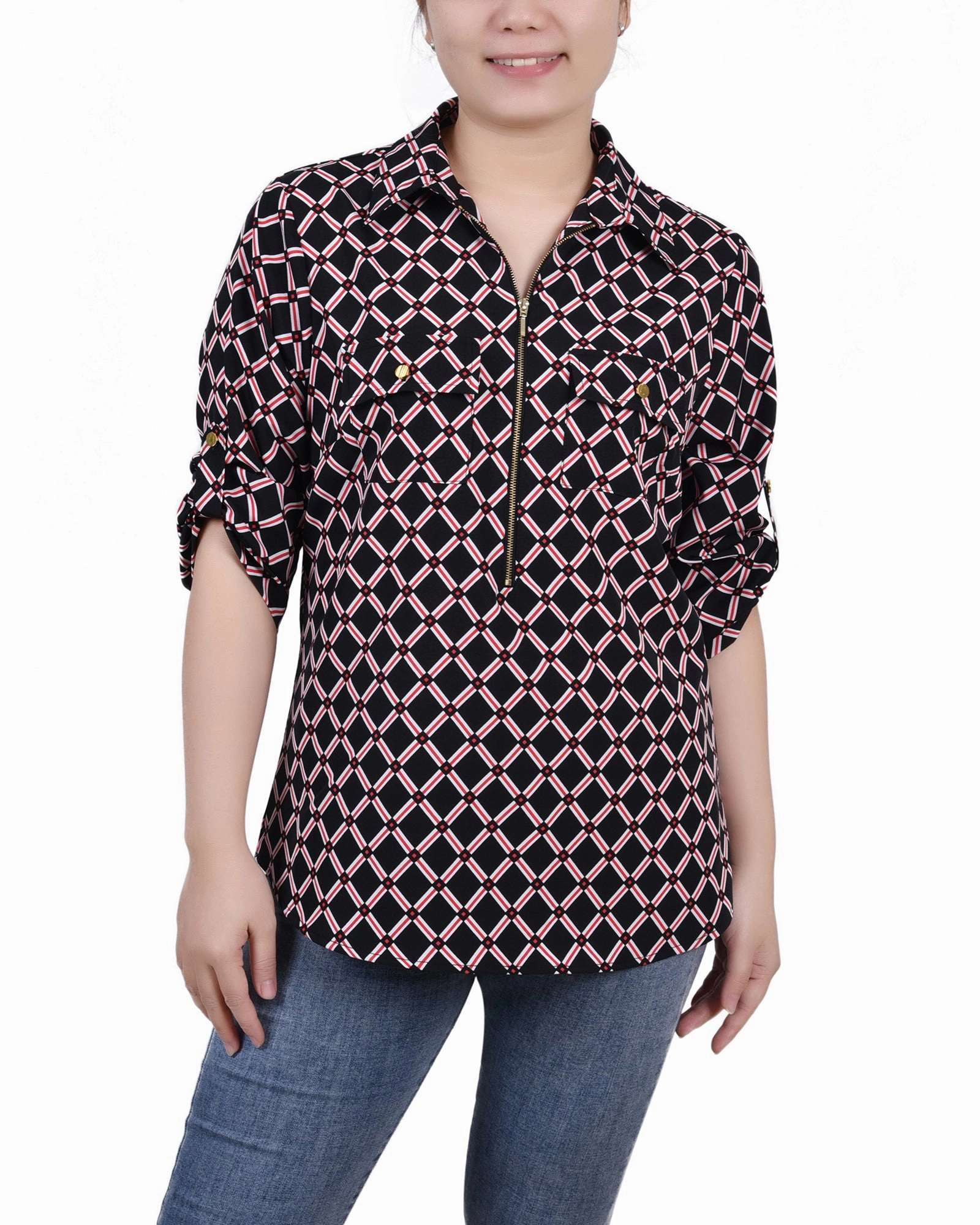 Reflective Accent Stripes BreathableMaterial Petite 3/4 Roll Tab Sleeve Zip Front Top