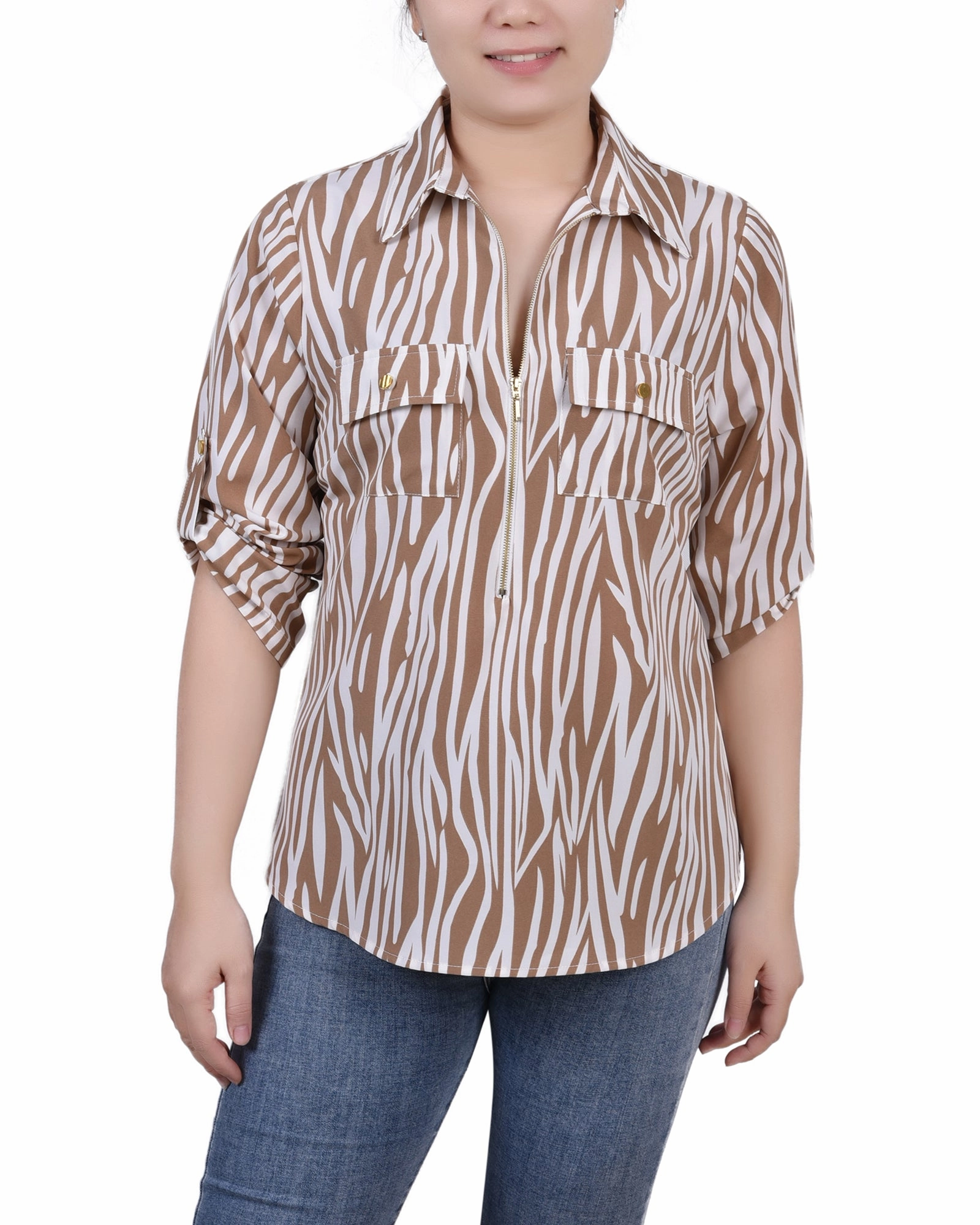 WrinkleFree Weave Petite 3/4 Roll Tab Sleeve Zip Front Top