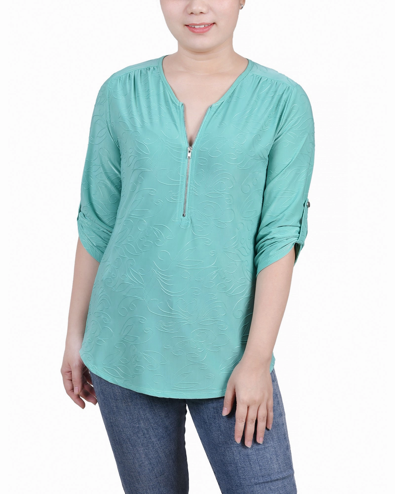 Stylish Look Petite 3/4 Roll Tab Zip Front Jacquard Knit Top