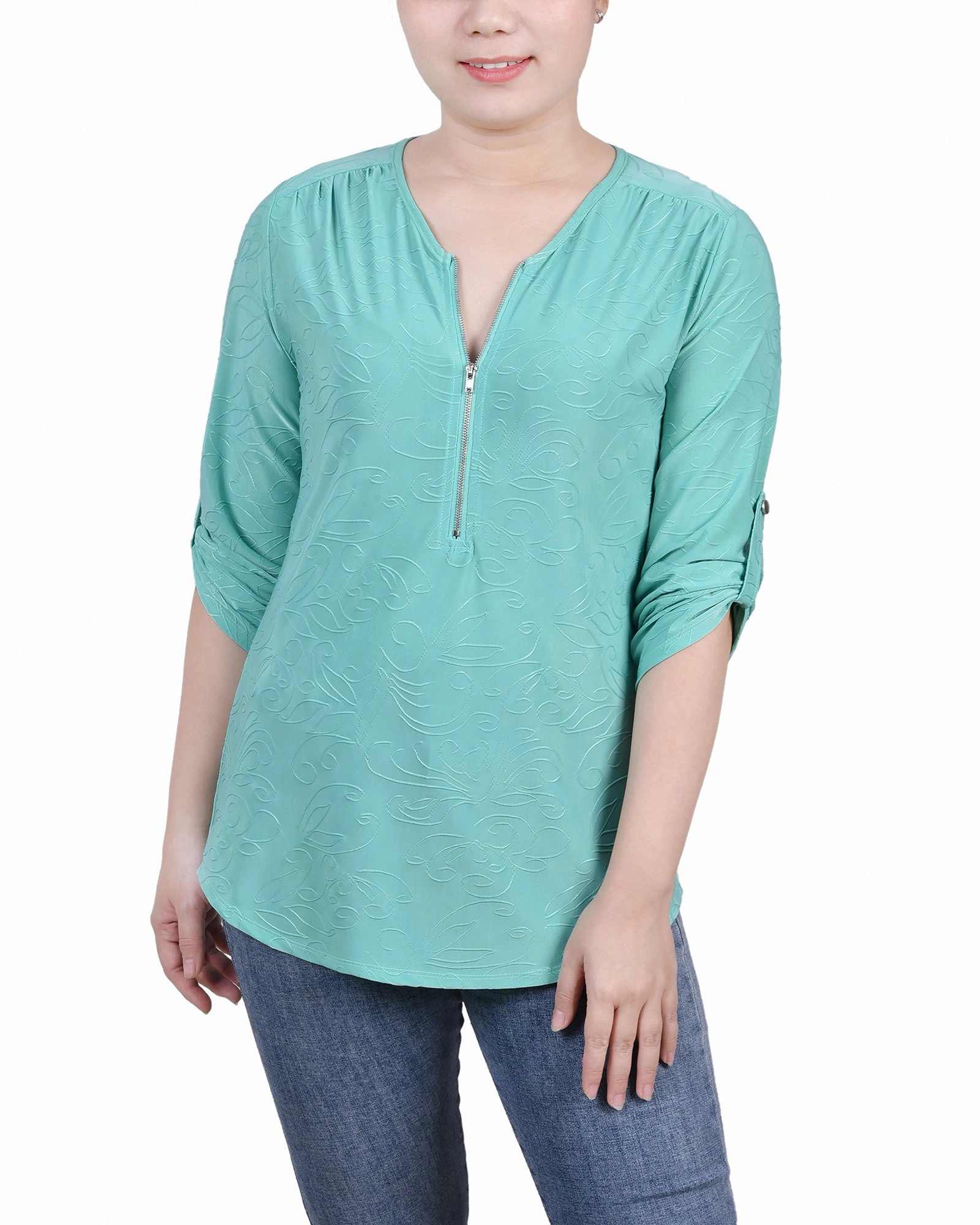 BrushedInnerLining Petite 3/4 Roll Tab Zip Front Jacquard Knit Top