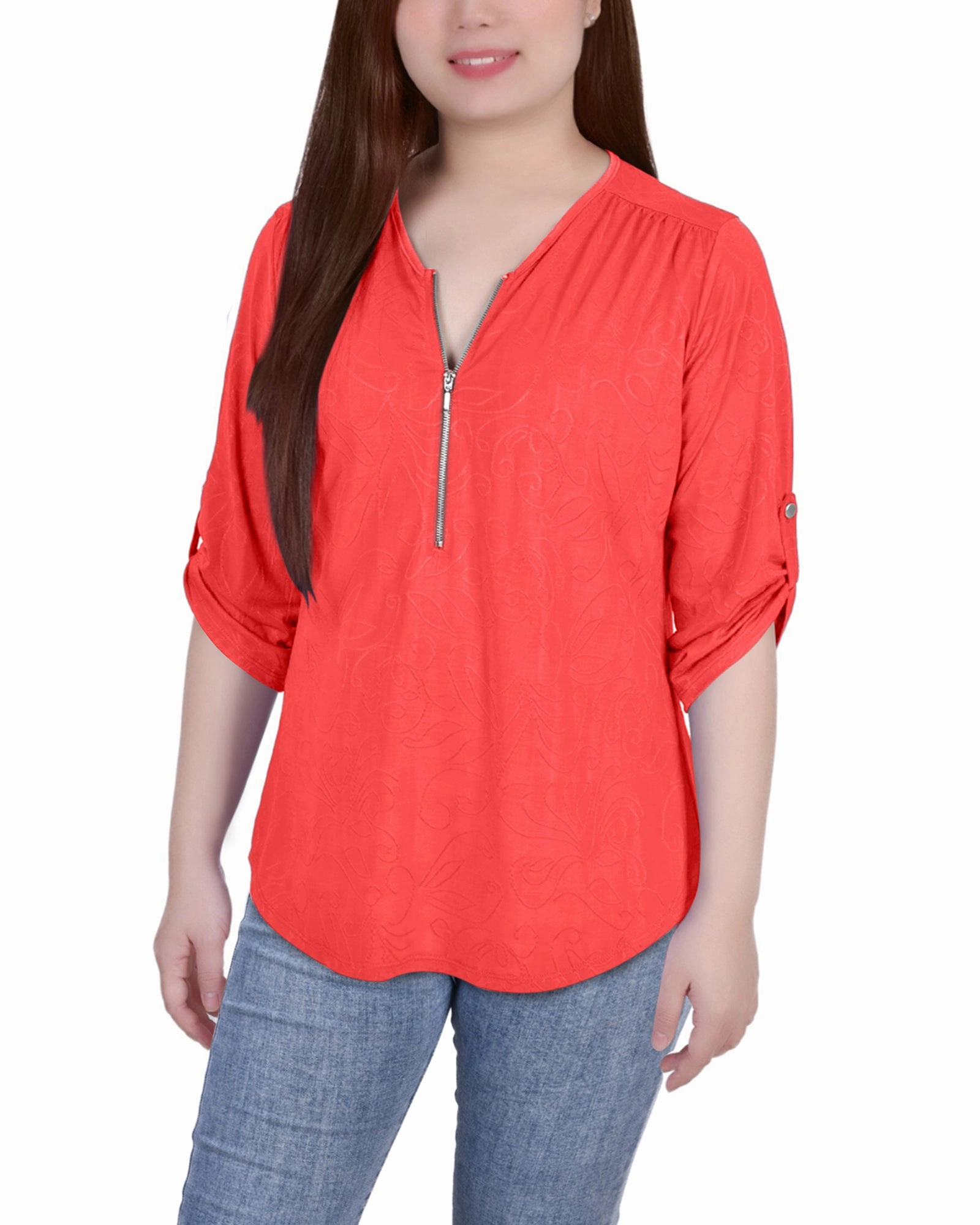 Reinforced Shoulder Seams Petite 3/4 Roll Tab Zip Front Jacquard Knit Top