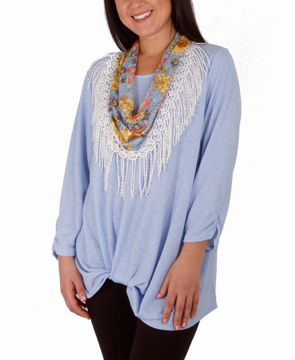 Petite 3/4 Rouched Sleeve Twist Front Top With Detachable Scarf EcoCertified Textile