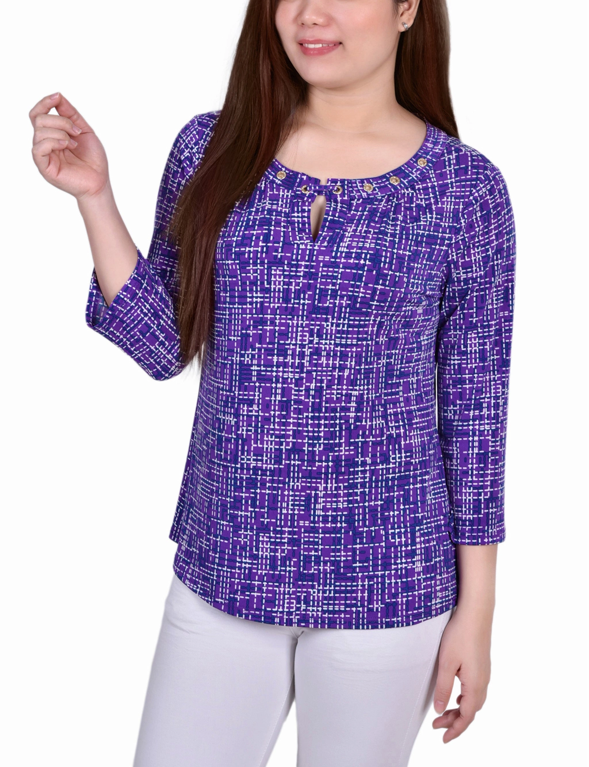 Petite 3/4 Sleeve Grommet Top LayeringFriendly Weight WrinkleFree Weaving