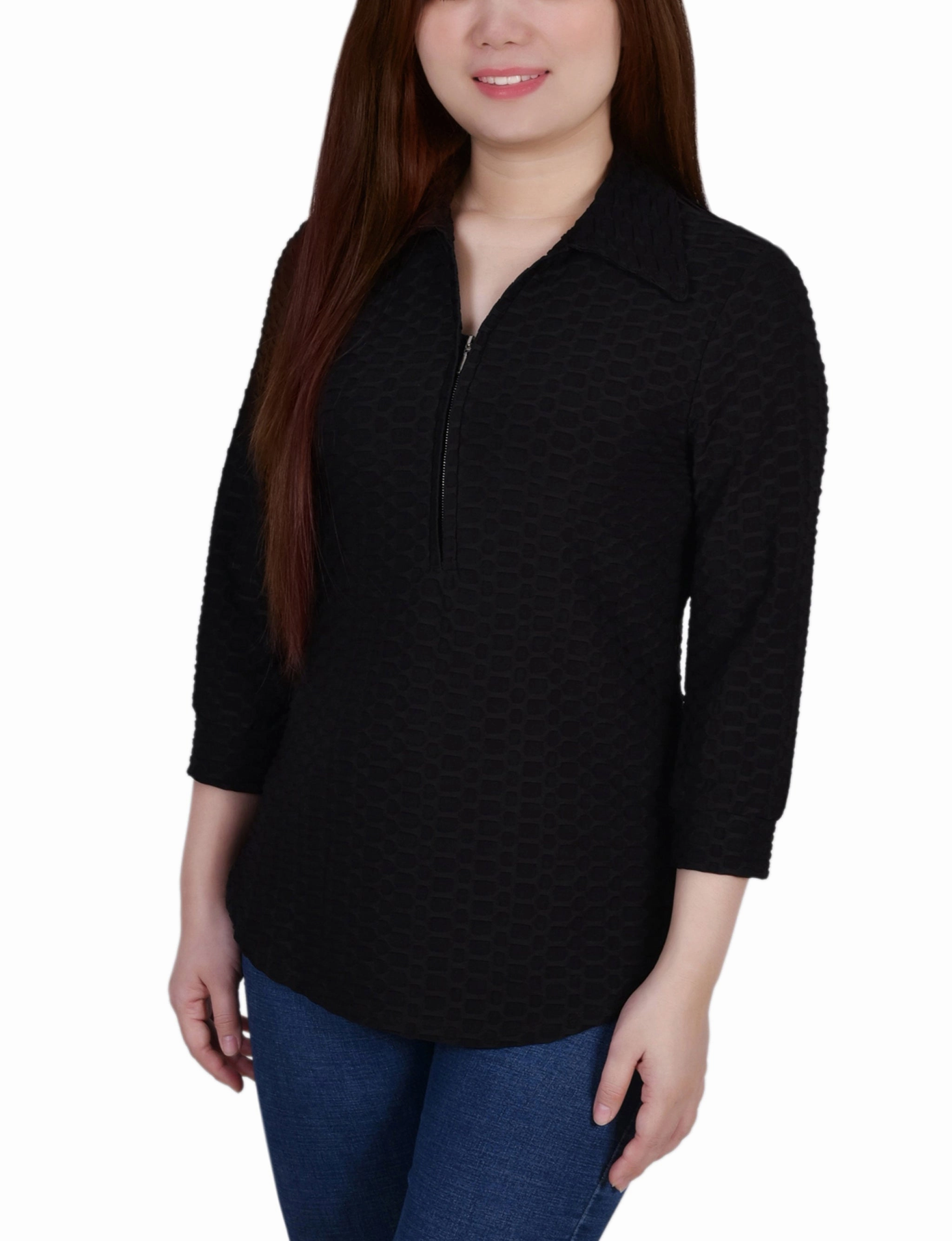 Petite 3/4 Sleeve Honeycomb Half Zip Top Durable Reinforced Elbow Patches