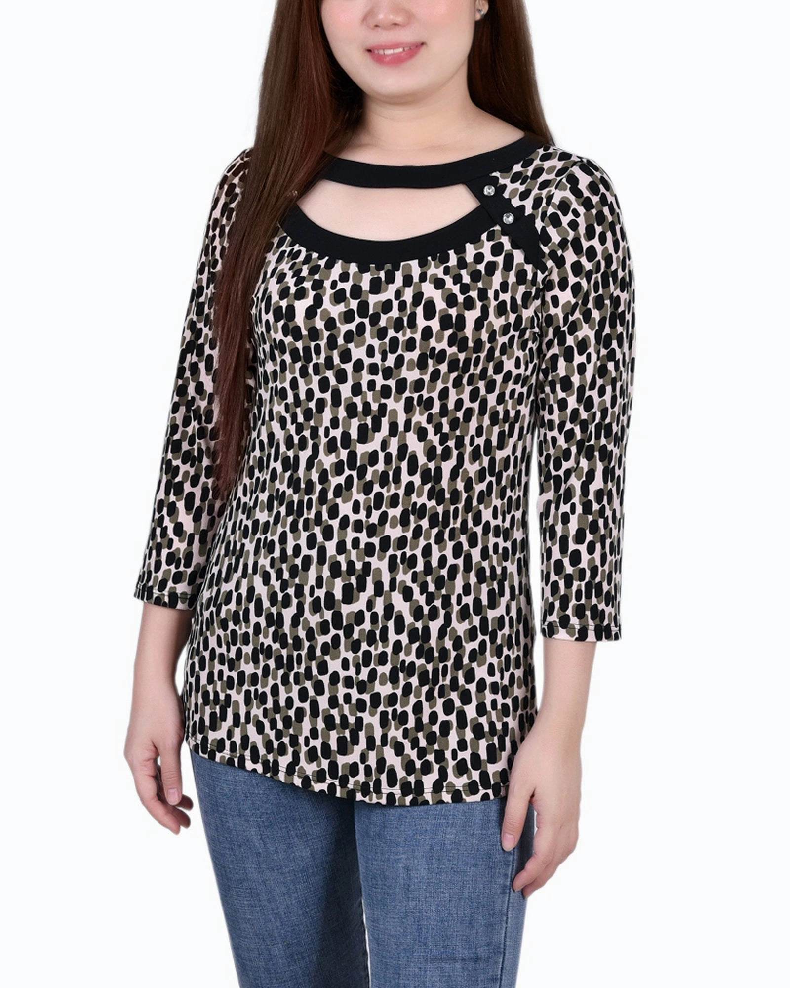 MeshPanelIntegration Comfortable Look Petite 3/4 Sleeve Top With Combo Bands And Front Cutout