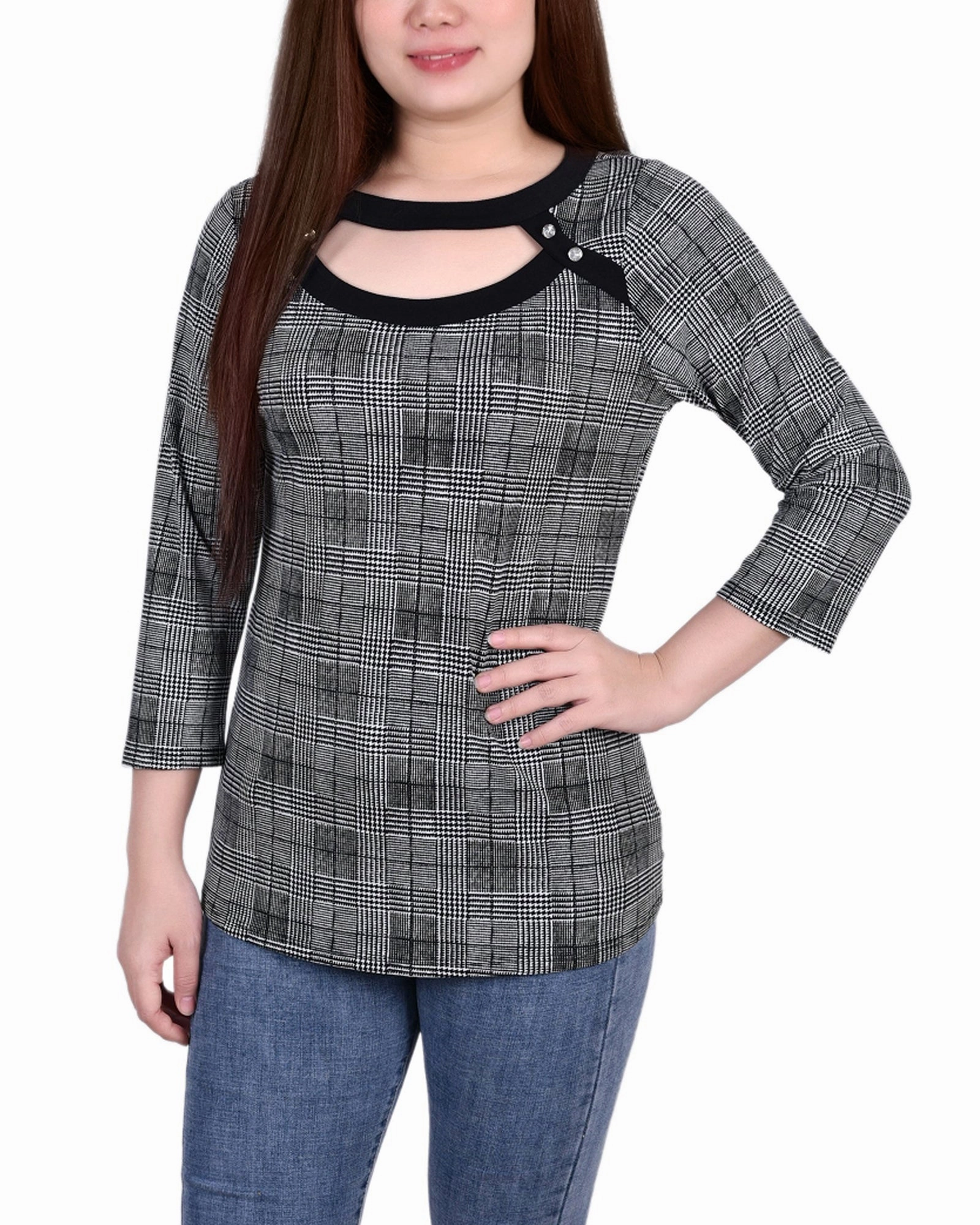 Bonded Seam Technique Petite 3/4 Sleeve Top With Combo Bands And Front Cutout