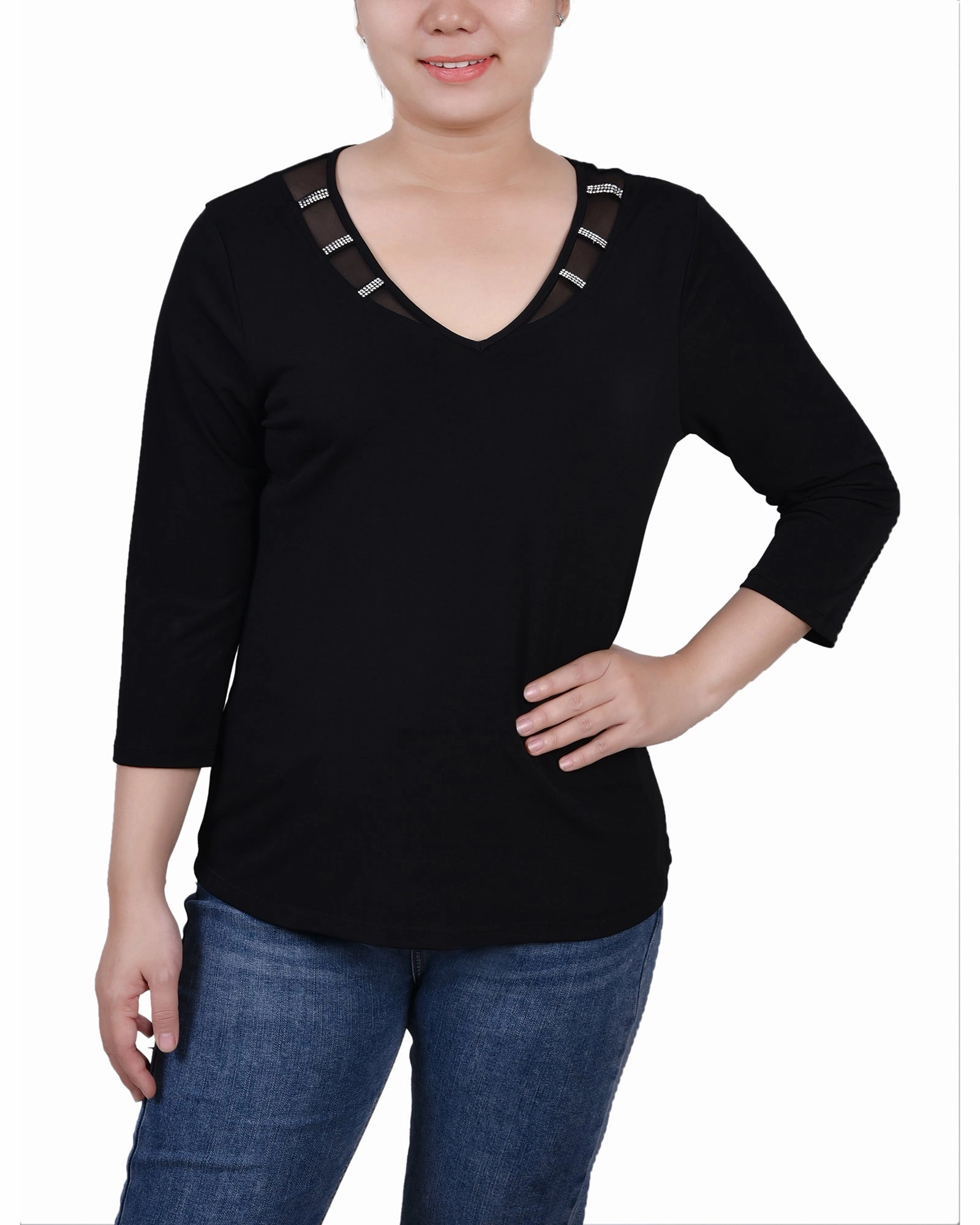 Stain Repellent Coating OEKOTEX Certified Fabric Petite 3/4 Sleeve Top With Illusion Neckline and Stones