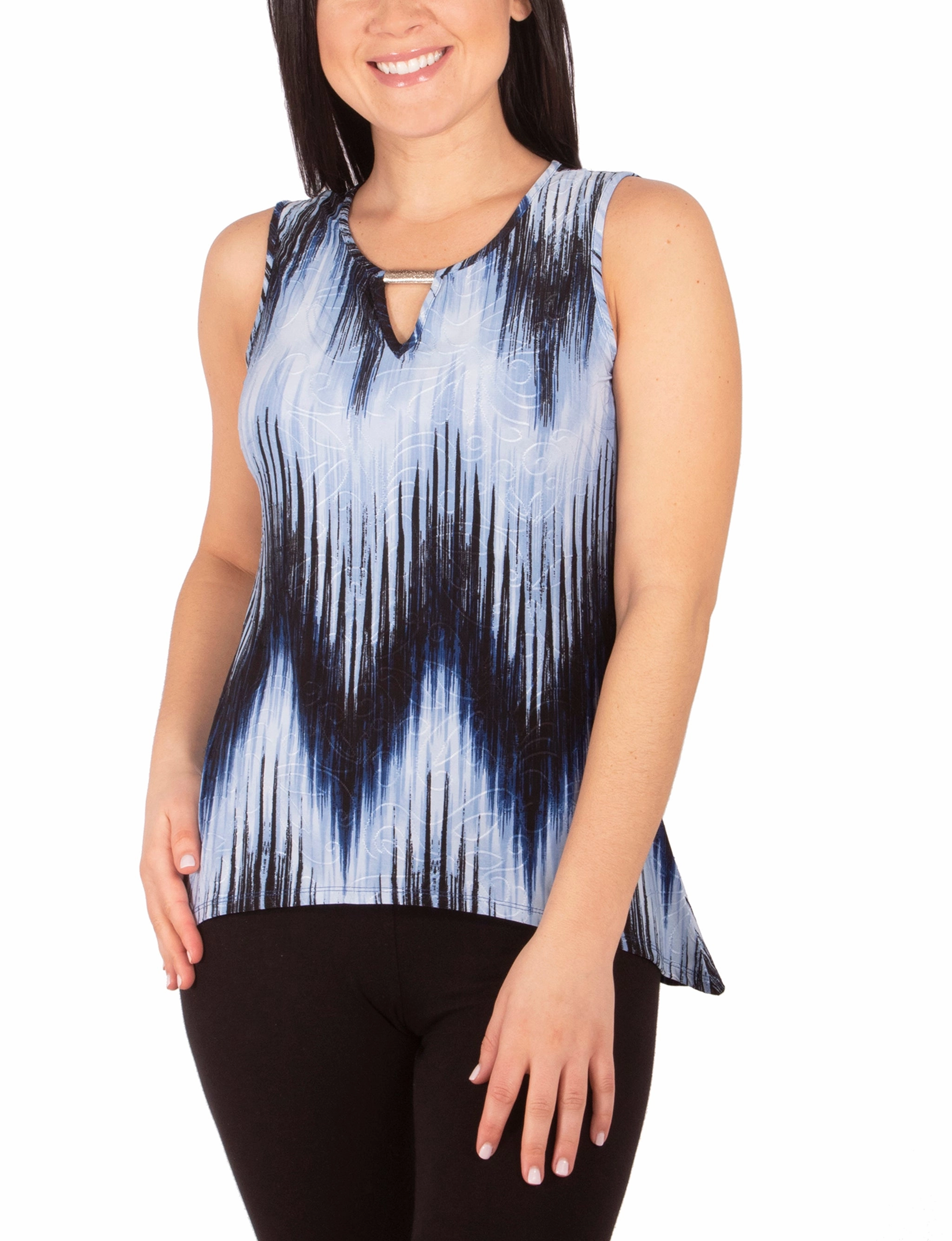 Petite 3/4 Sleeve Top With Slight Sharkbite Hemline Variable Tension Adjustment