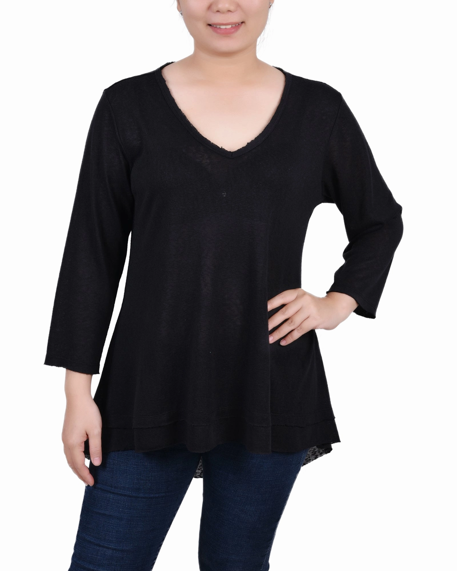 StretchMaterial Petite 3/4 Sleeve V Neck Top