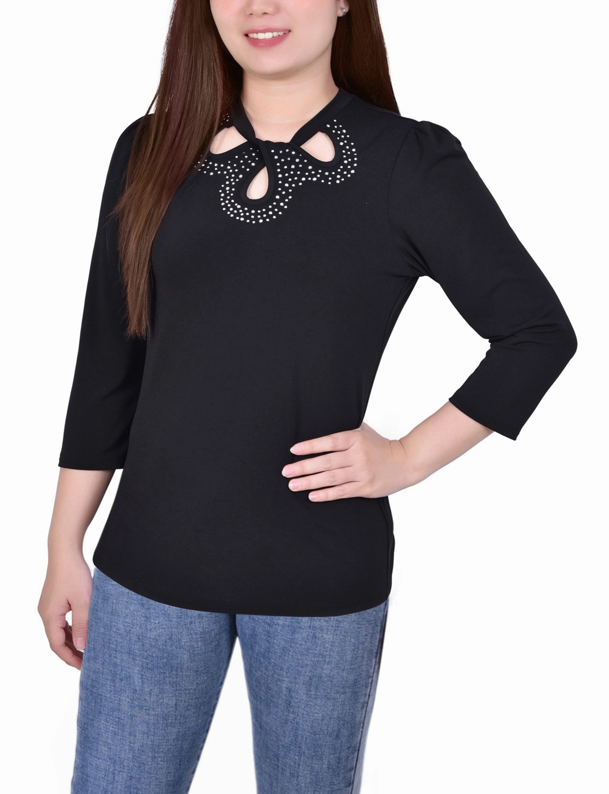 Petite 3/4 Slv Knit Crepe Studded Keyhole Top Relaxed Blouse