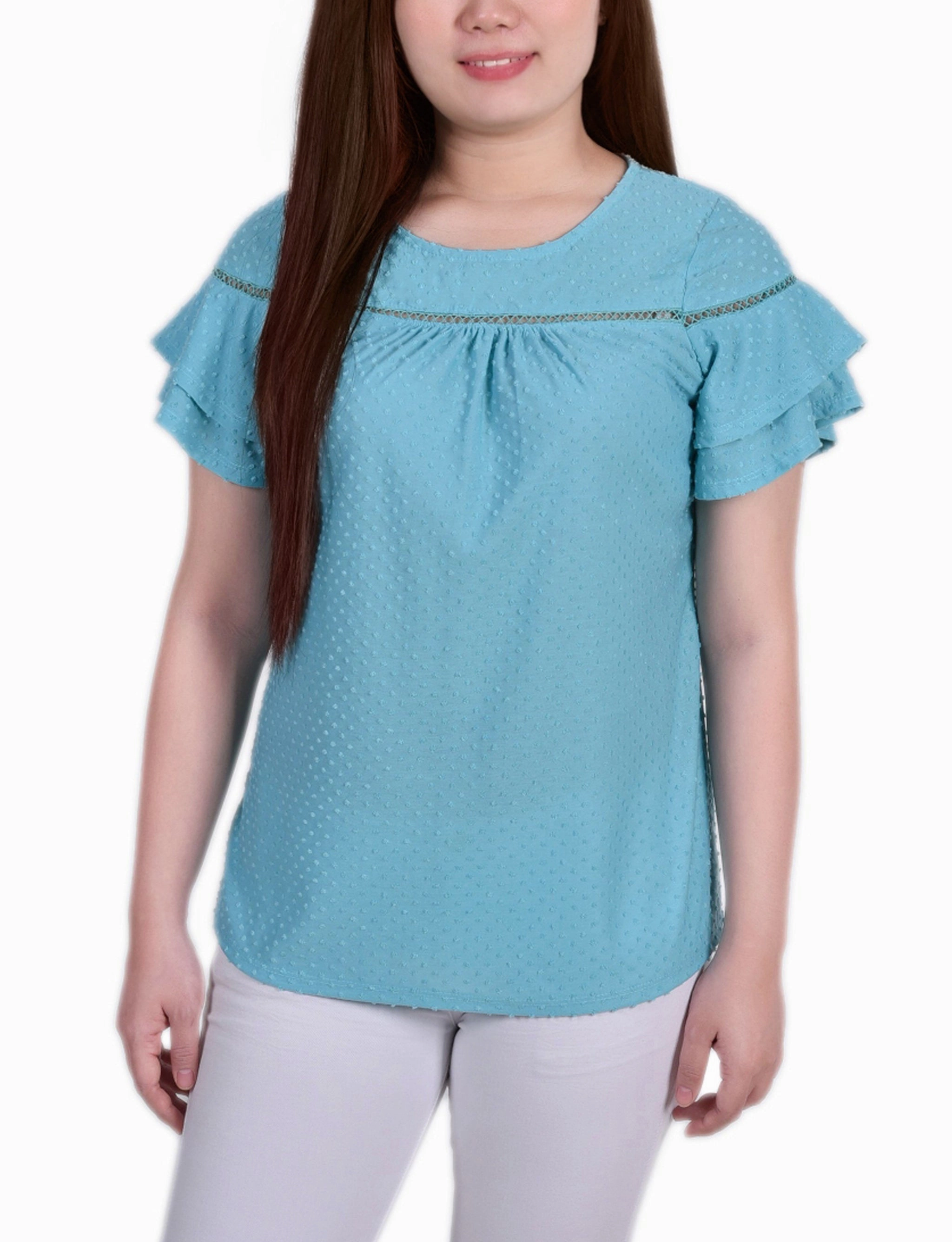 PlushLining Minimalist Cuff Petite Double Bell Sleeve Swiss Dot Top