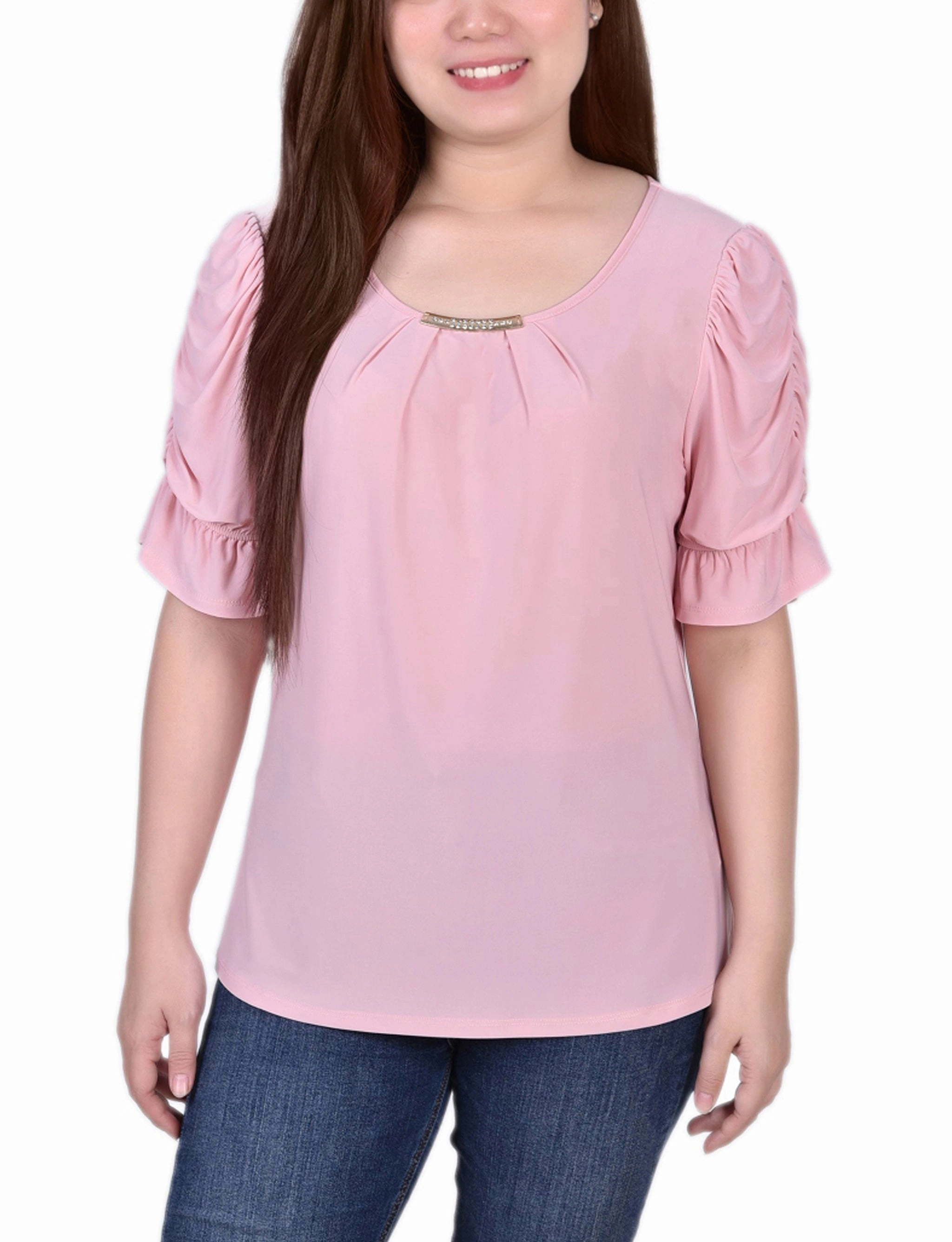 WrinkleFree Fabric Petite Elbow Cuffed Sleeve Hardware Top