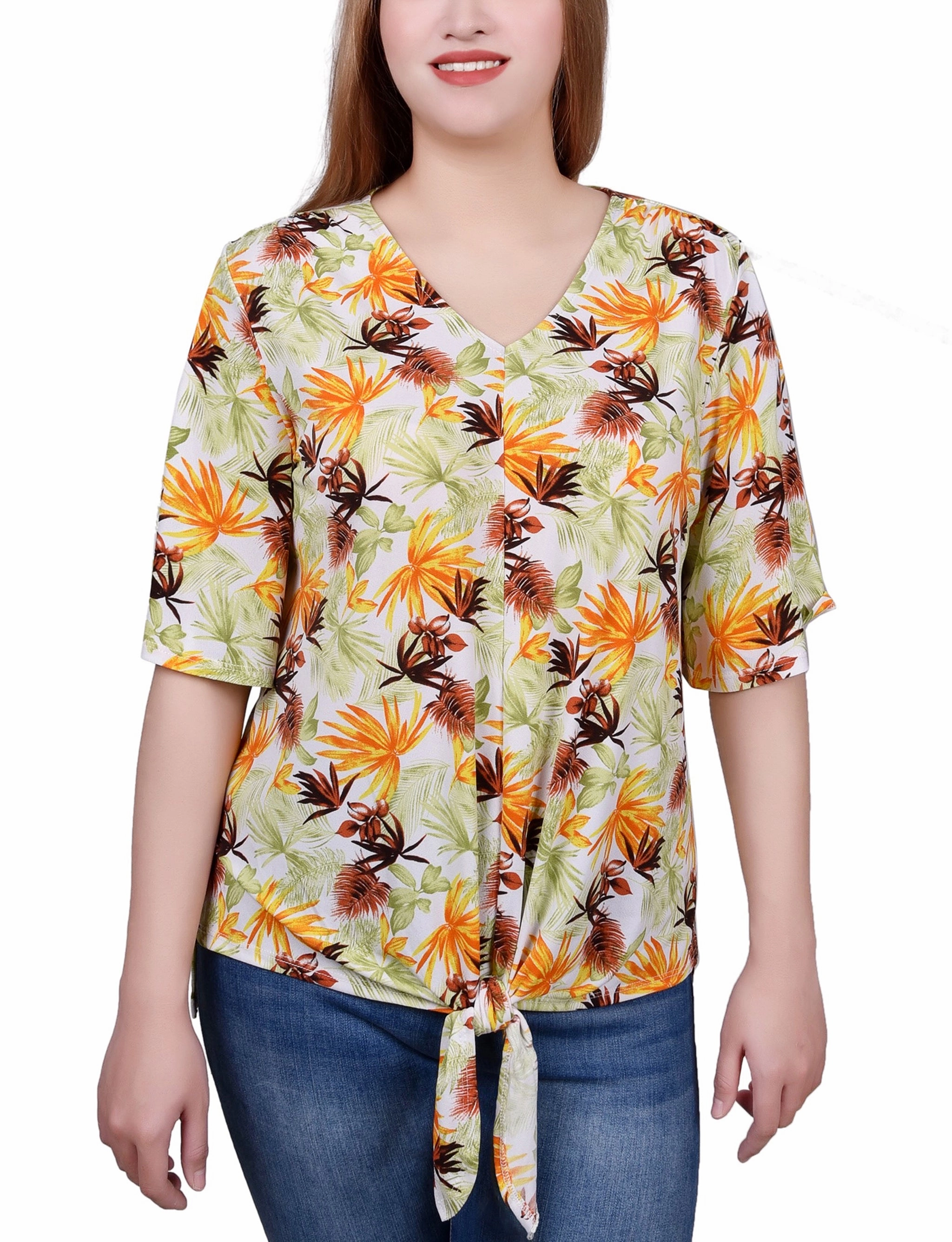 Summer Style Petite Elbow Sleeve Tie-Front Top