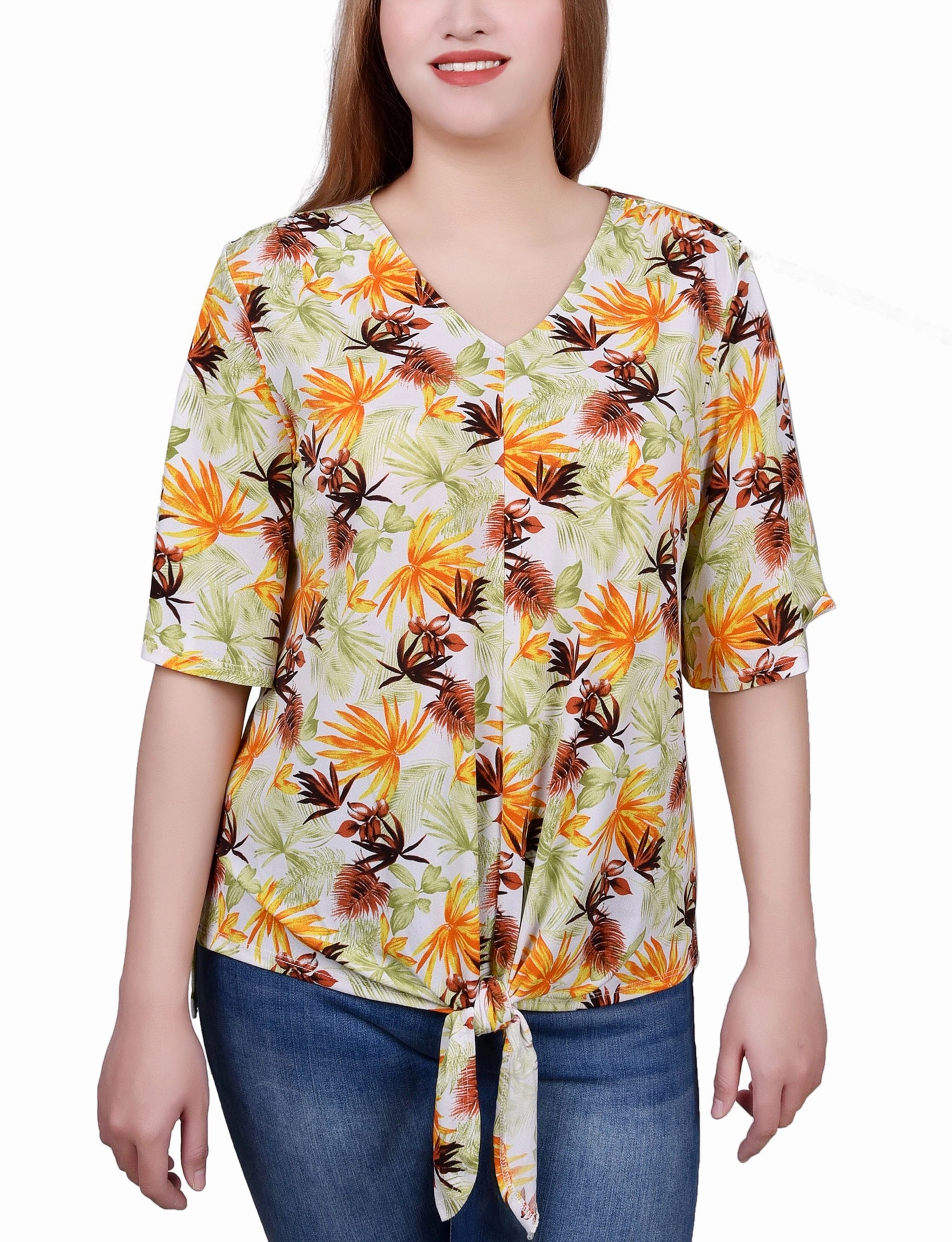 Denim Shirt Anti Pilling Treatment Petite Elbow Sleeve Tie-Front Top