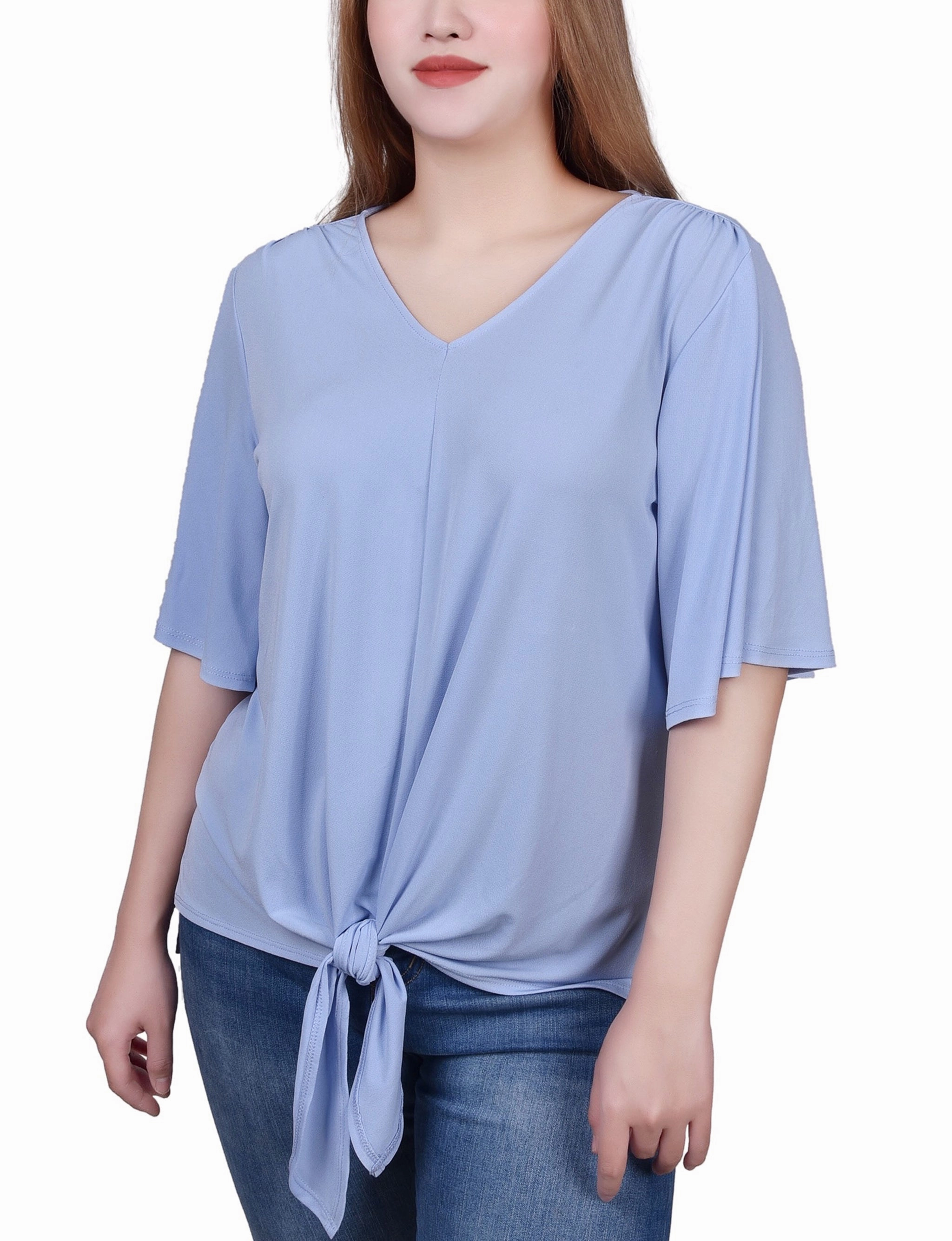 MultiPanelDesign All Day Comfort Petite Elbow Sleeve Tie-Front Top