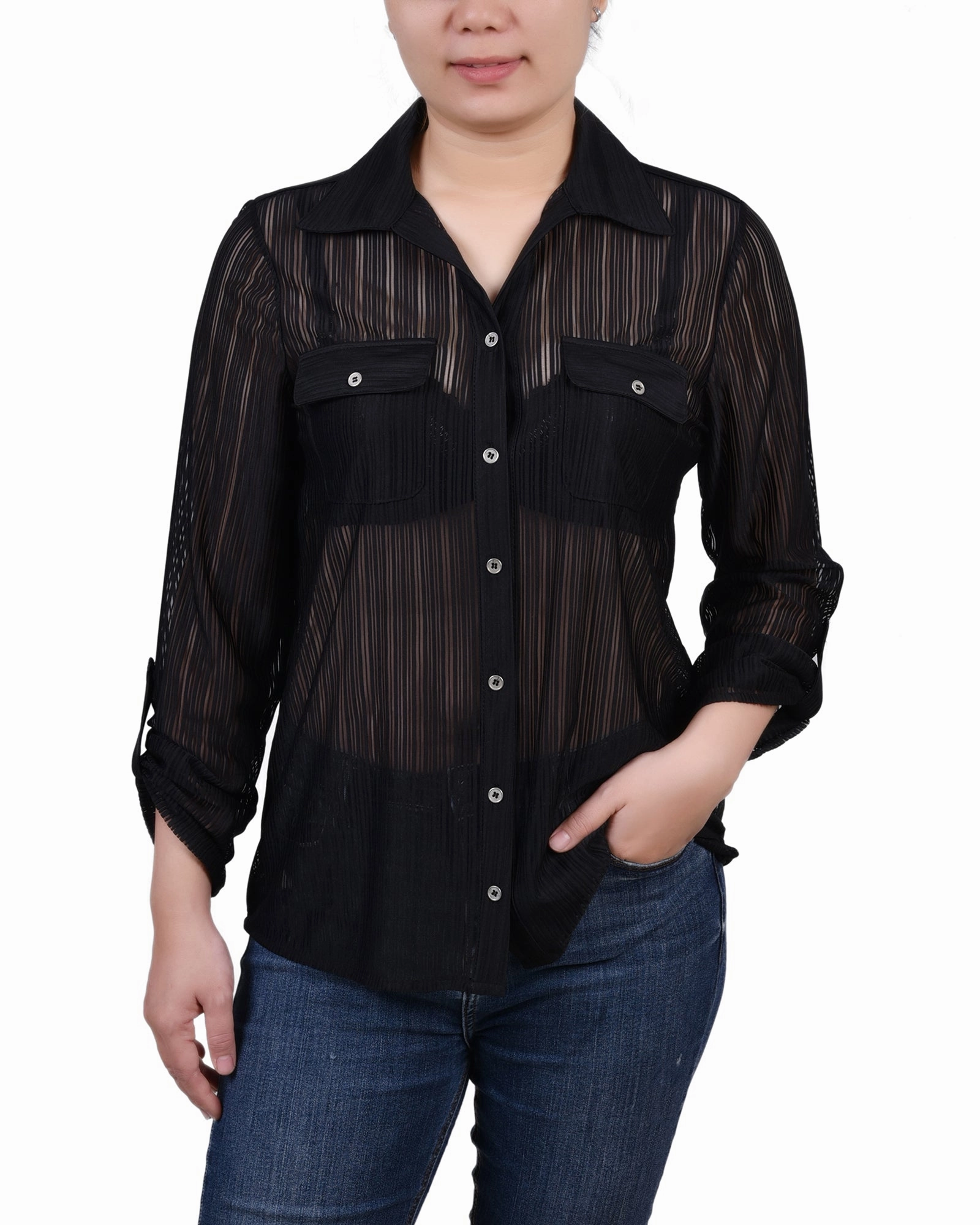 Petite Long Roll Tab Sleeve Burnout Knit Top Modern Silhouette