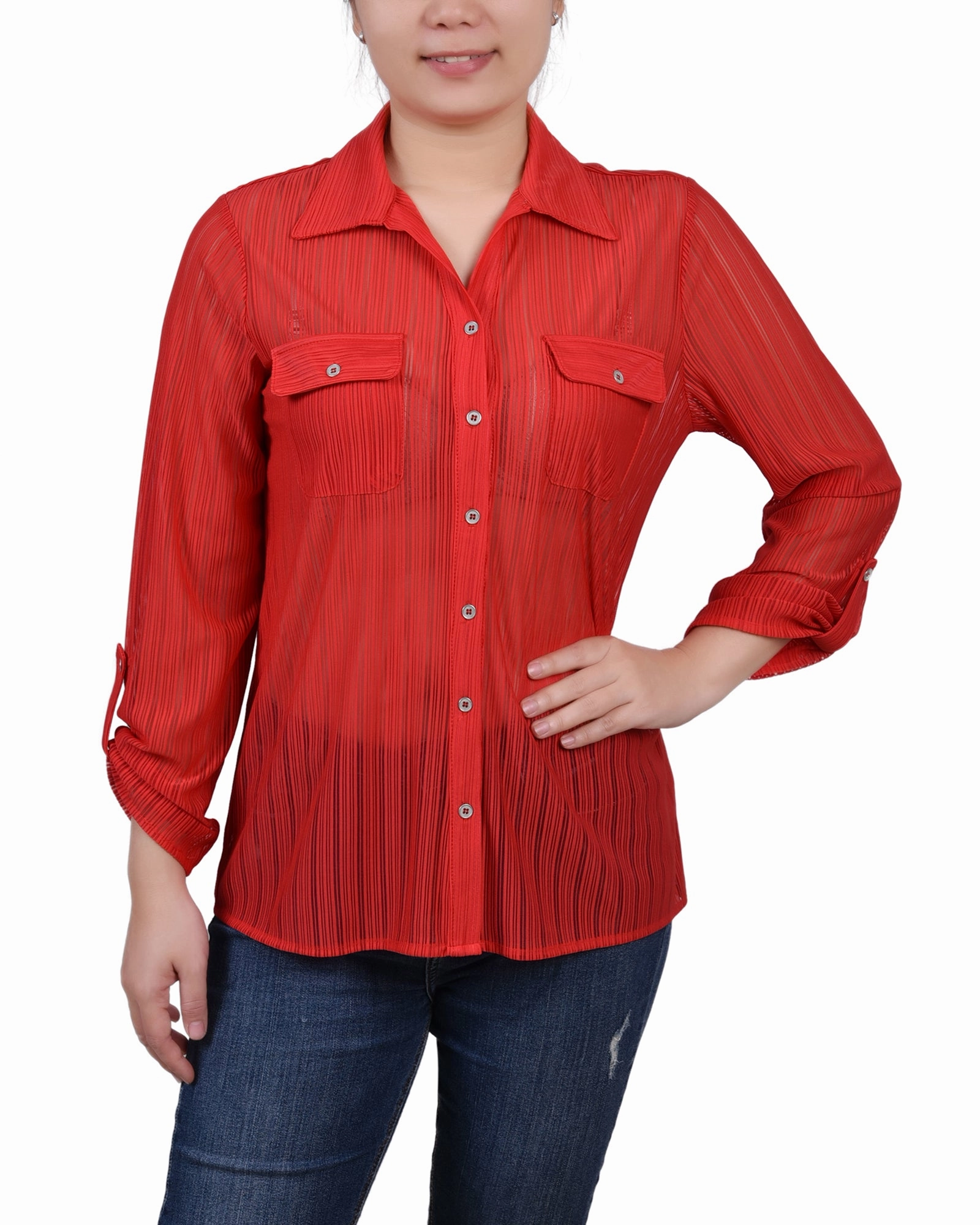 Petite Long Roll Tab Sleeve Burnout Knit Top Moisture Control Lining