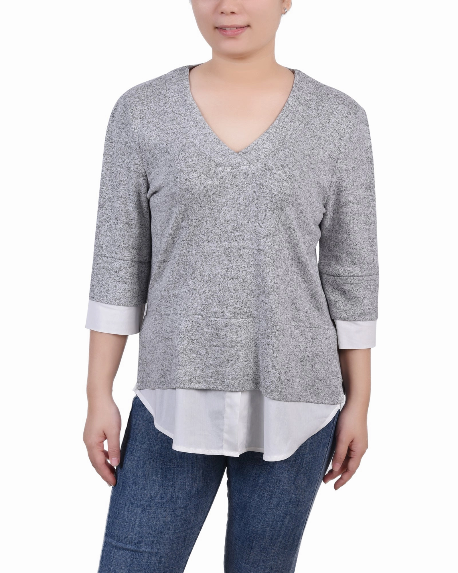 Double Layered Hem Reinforcement Petite Long Sleeve 2-In 1 Top