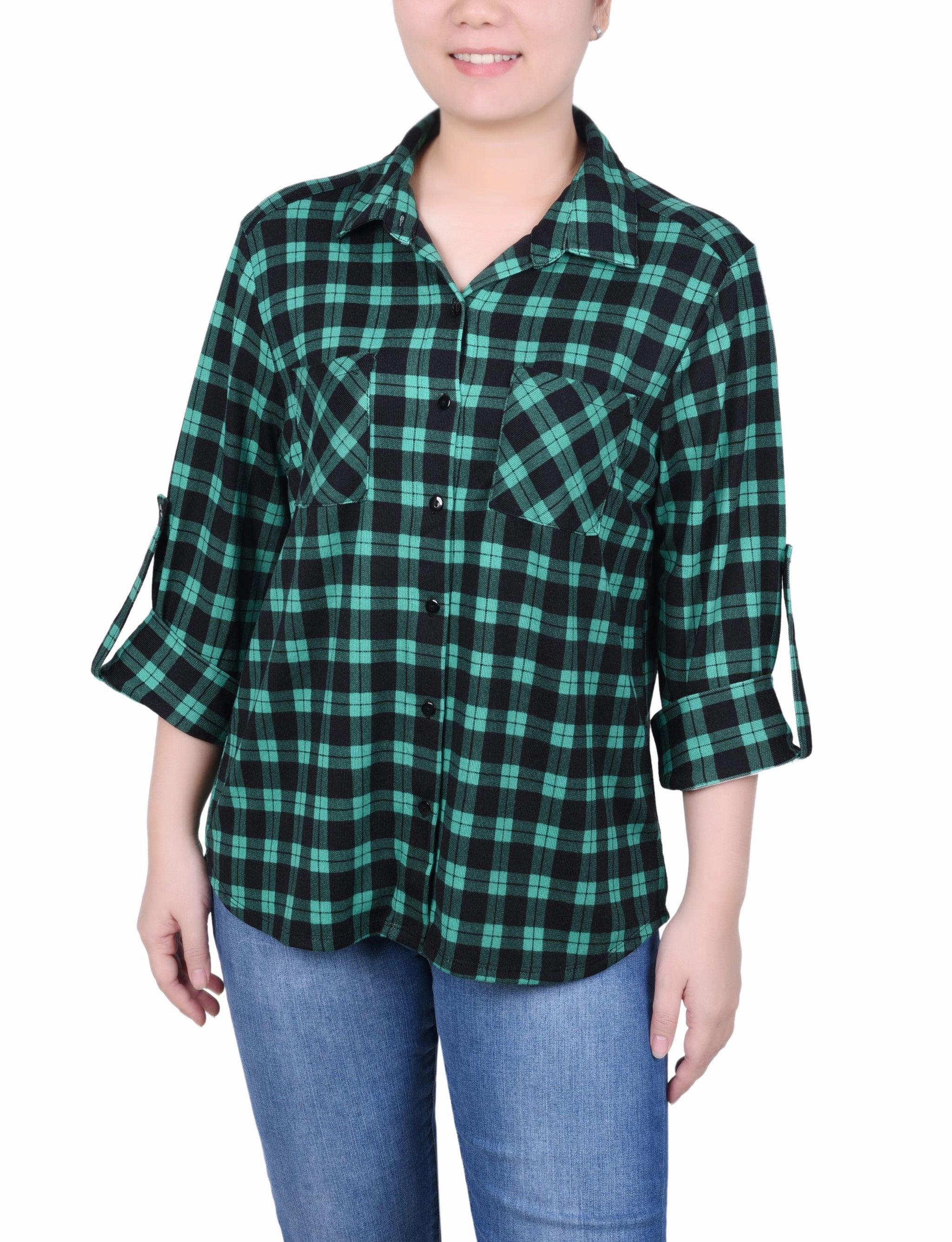 Ribbed collar NoSlipSurface Petite Long Sleeve Button Front Tunic Top