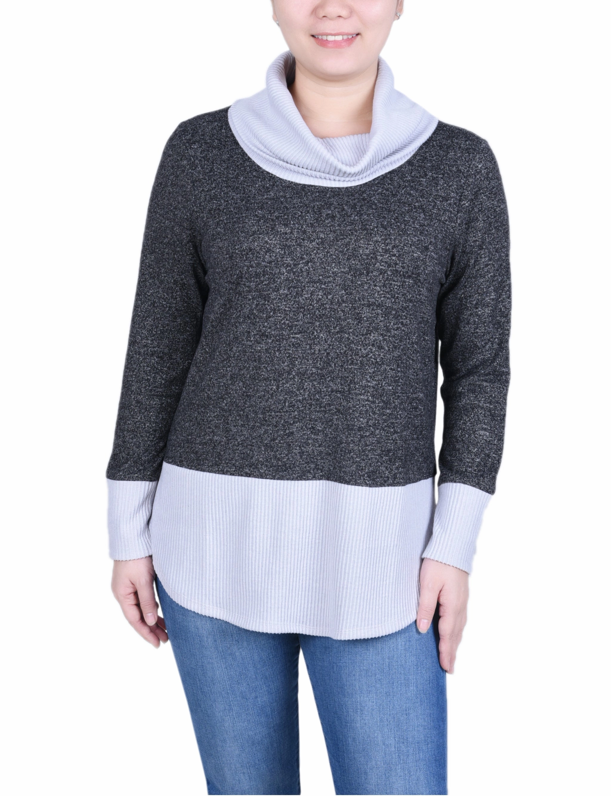 Petite Long Sleeve Cowl Neck Colorblocked Top SolarReflectiveFinish