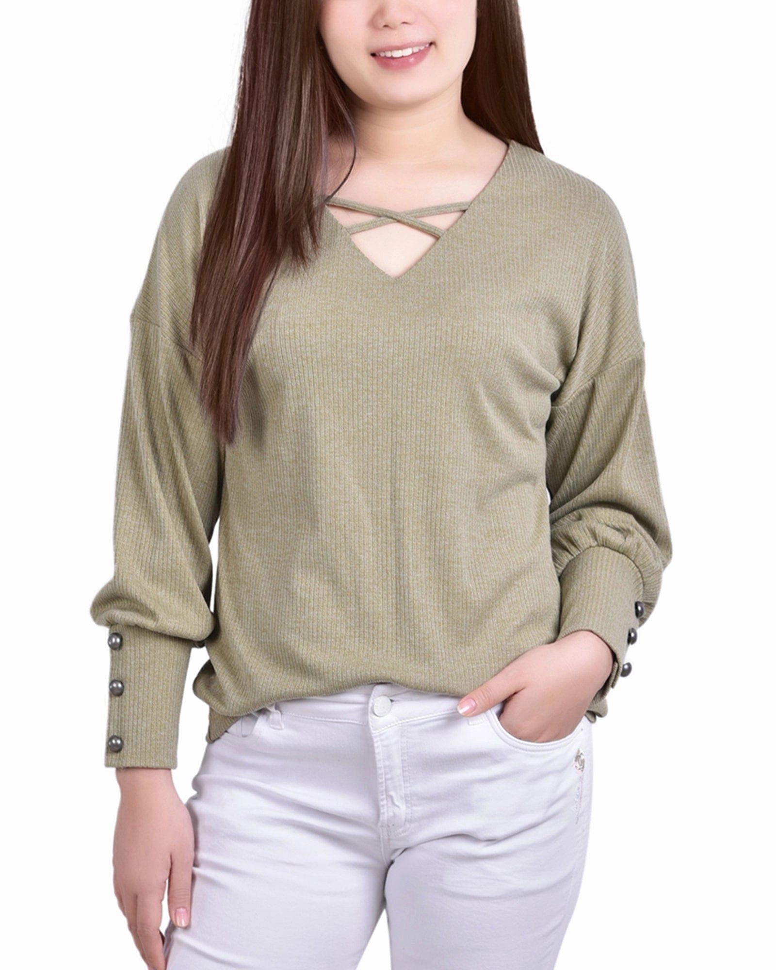 Petite Long Sleeve Criss Cross Neck Pullover Top Street Style Regular Fit