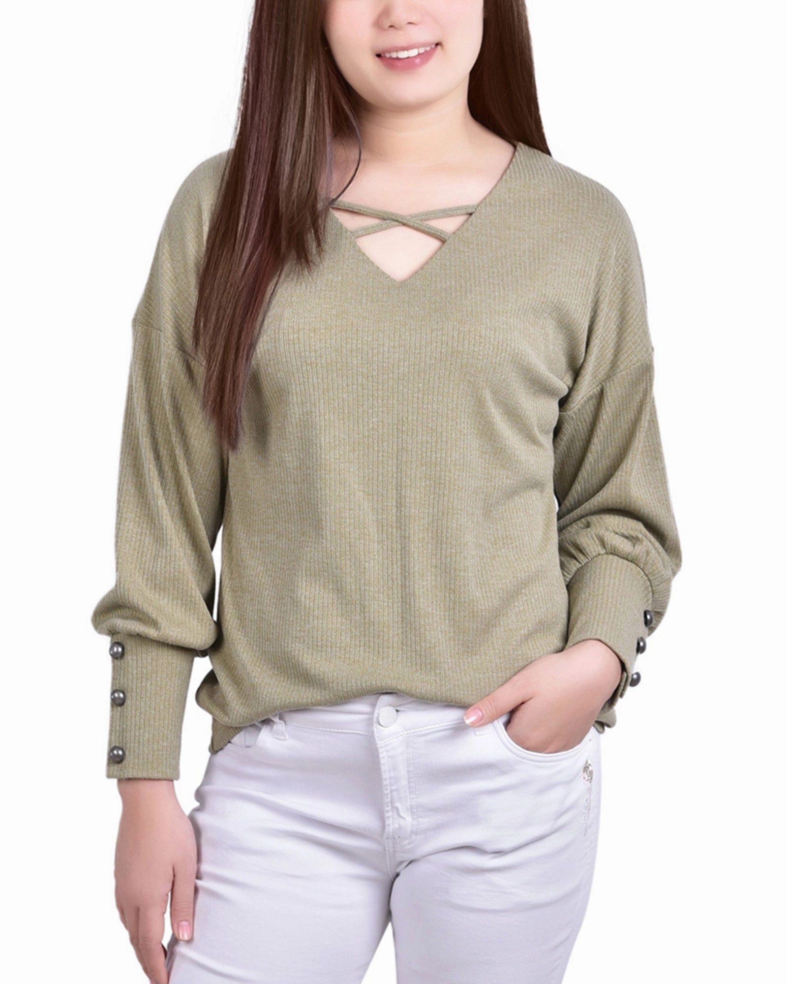 Reinforced Hemline Layered Sleeve Petite Long Sleeve Criss Cross Neck Pullover Top