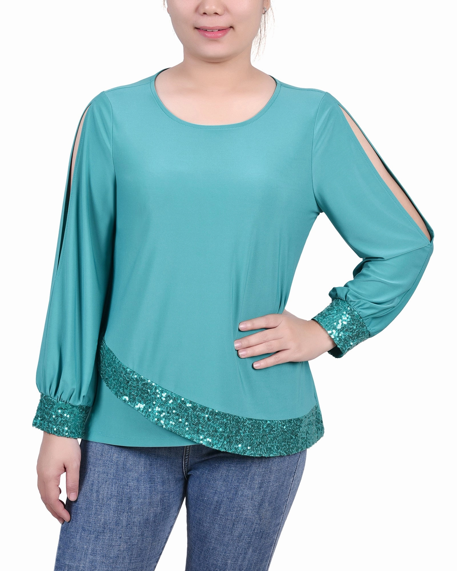 BrushedInnerLining Petite Long Sleeve Knit Top With Sequin Hem