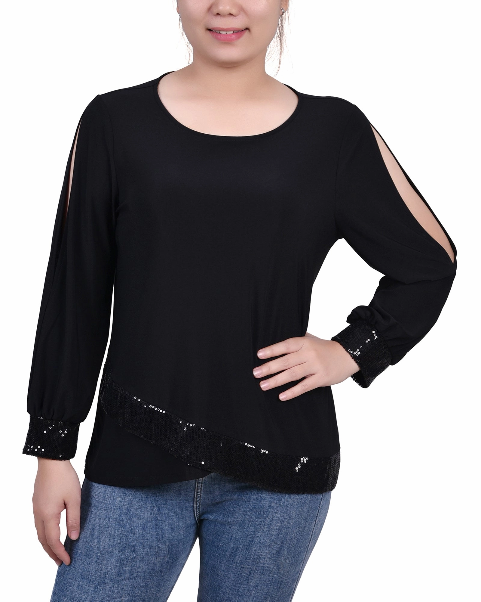 Reflective Detailing AdjustableCuffs Petite Long Sleeve Knit Top With Sequin Hem