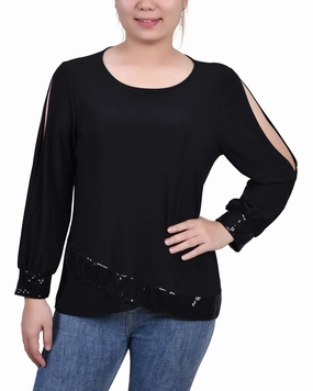Fitted Shirt Petite Long Sleeve Knit Top With Sequin Hem
