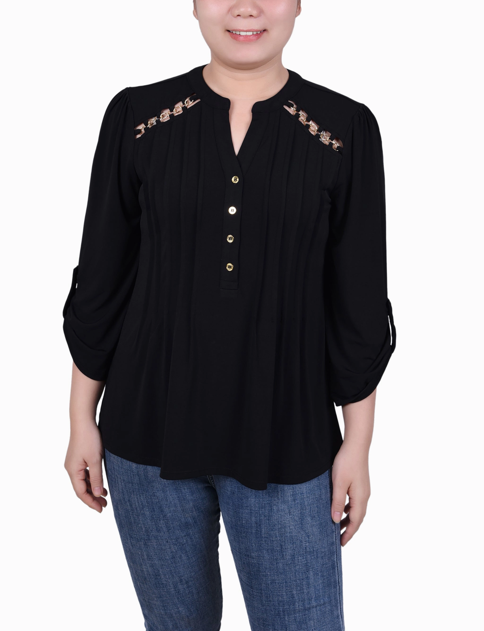 Petite Long Sleeve Pintuck Front Top With Chain Details Low Profile Collar