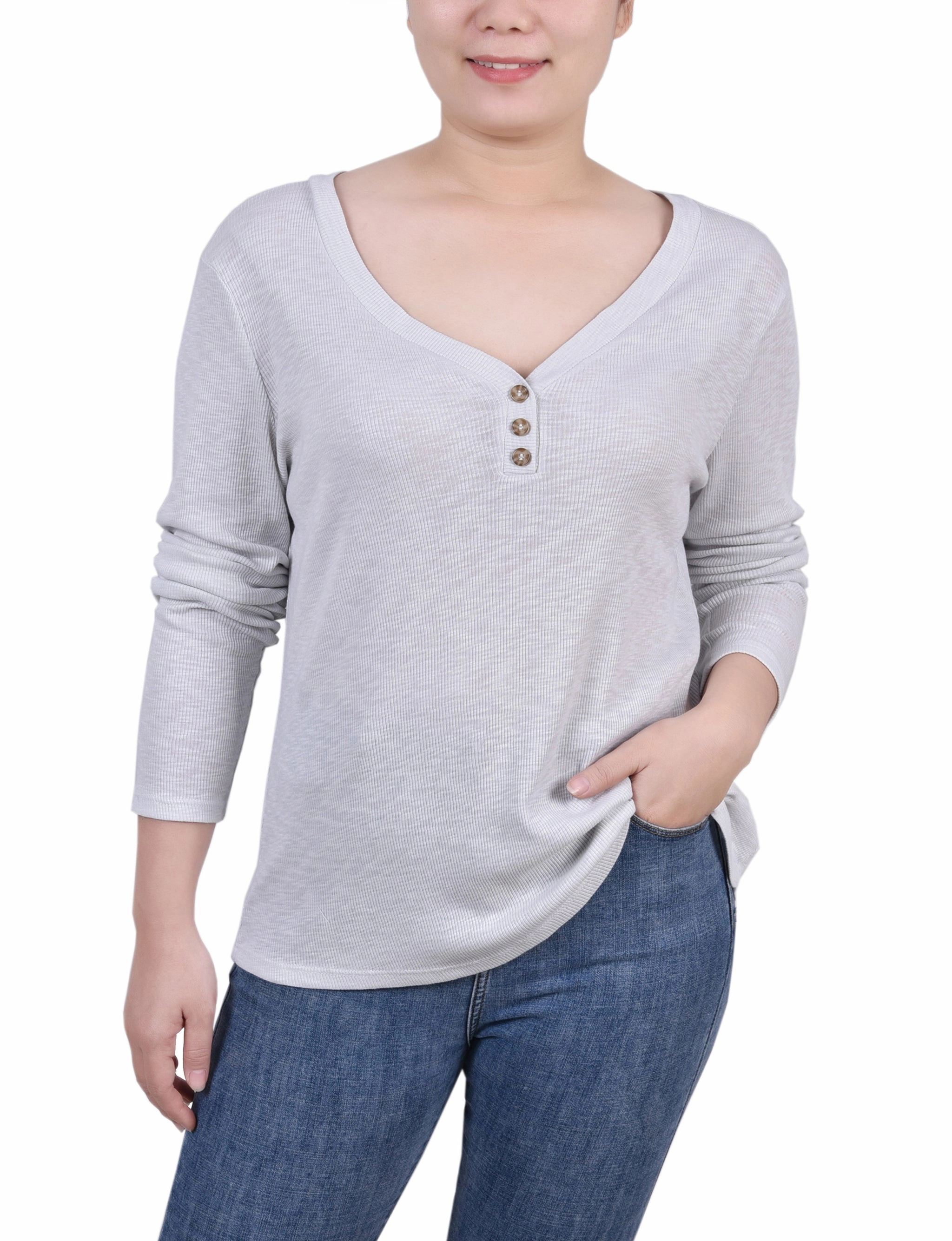 BoxyCrop 3D Spacer Fabric Petite Long Sleeve Ribbed Henley Top