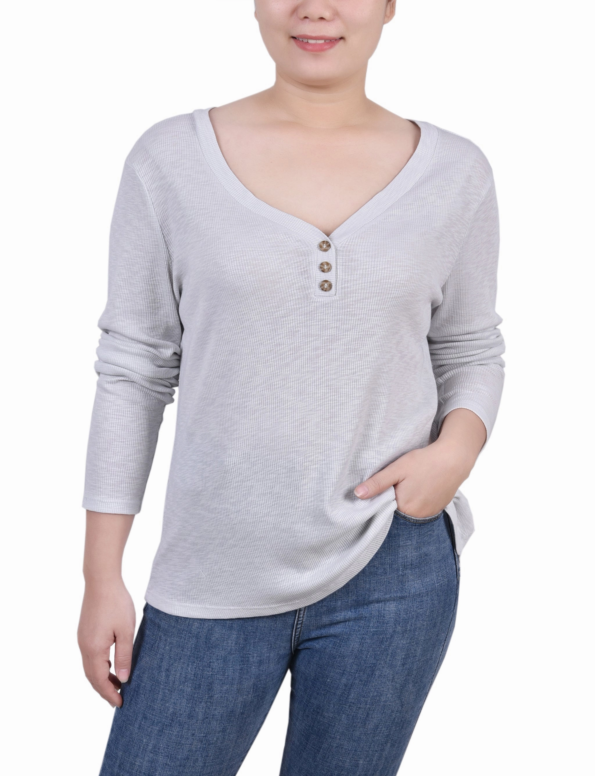 HypoallergenicFabric Buttonless Closure Petite Long Sleeve Ribbed Henley Top