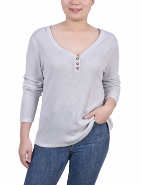 BoxyCrop 3D Spacer Fabric Petite Long Sleeve Ribbed Henley Top