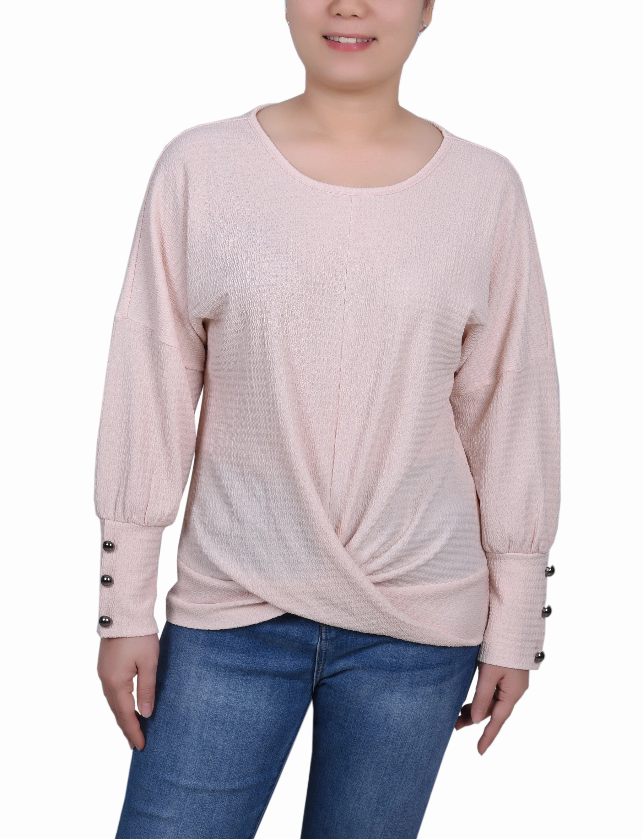 Petite Long Sleeve Textured Knit Top Wind Resistant Fabric
