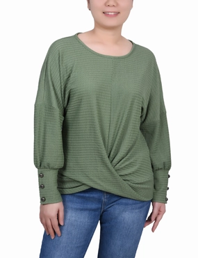 Petite Long Sleeve Textured Knit Top Outdoor Wear Convertible Collar