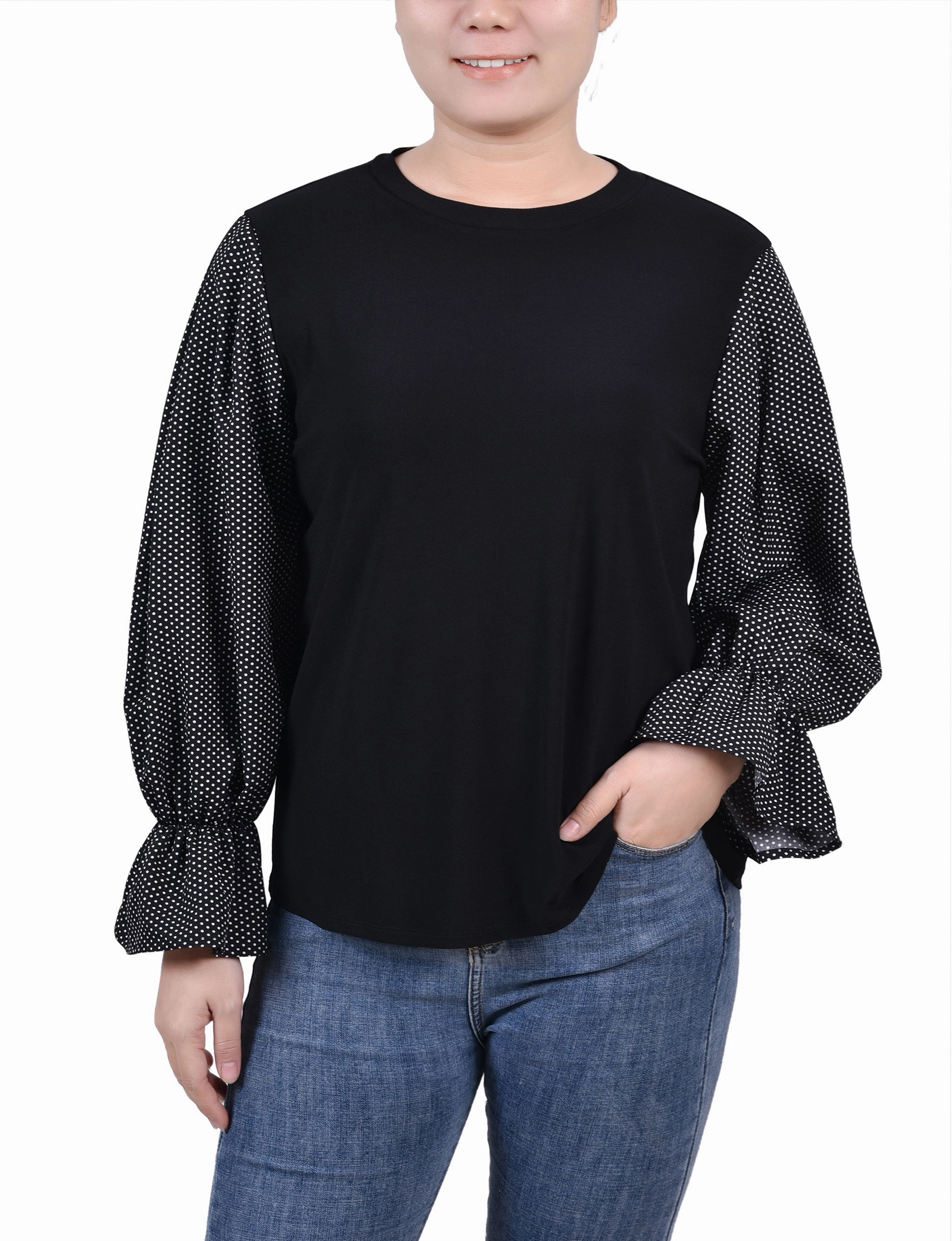 Petite Long Sleeve Top With Printed Sleeves Fitted Blouse