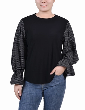 Petite Long Sleeve Top With Printed Sleeves Durable Fiber Blend Minimalist Collar