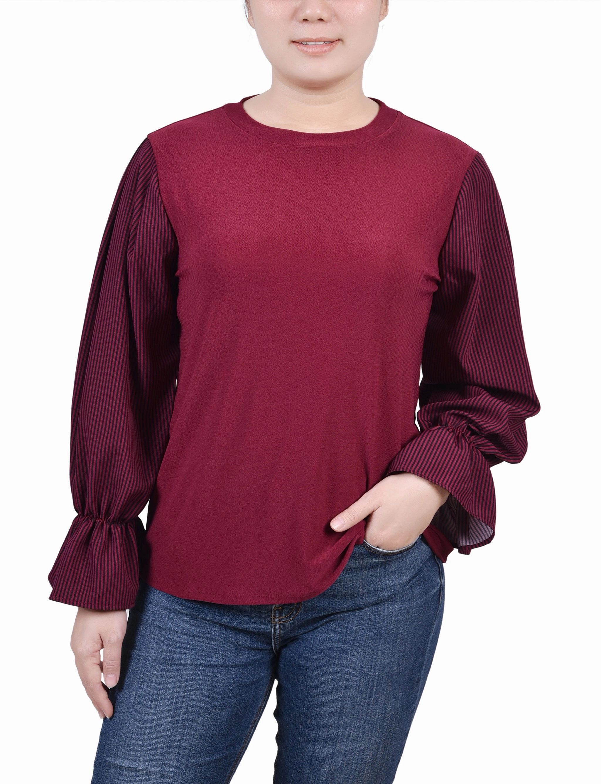 Reflective Accent Trim Petite Long Sleeve Top With Printed Sleeves