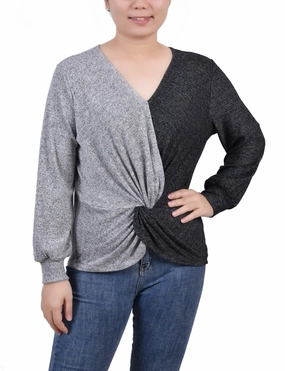 EcoCertified BreathableFabricTech Petite Long Sleeve Twist Front Colorblocked Top