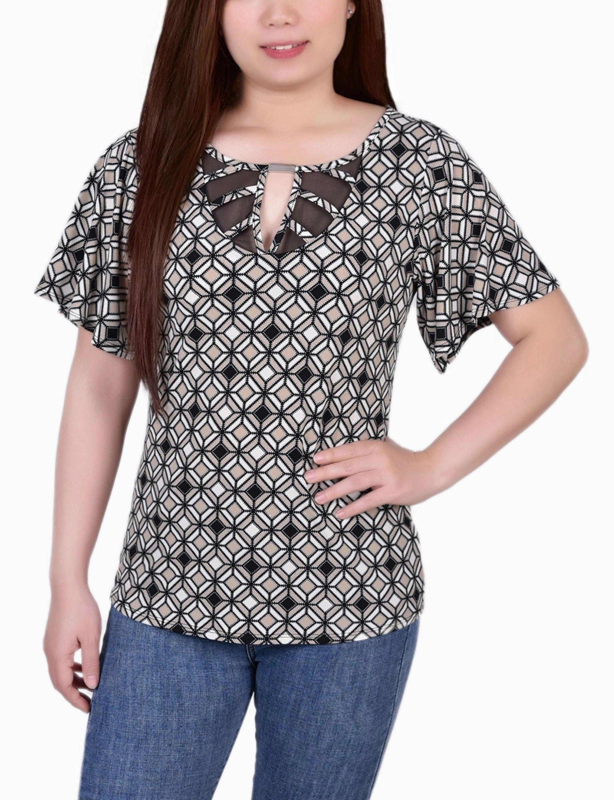 Petite Mesh Flutter Sleeve Knit Top Temperature Control Technology