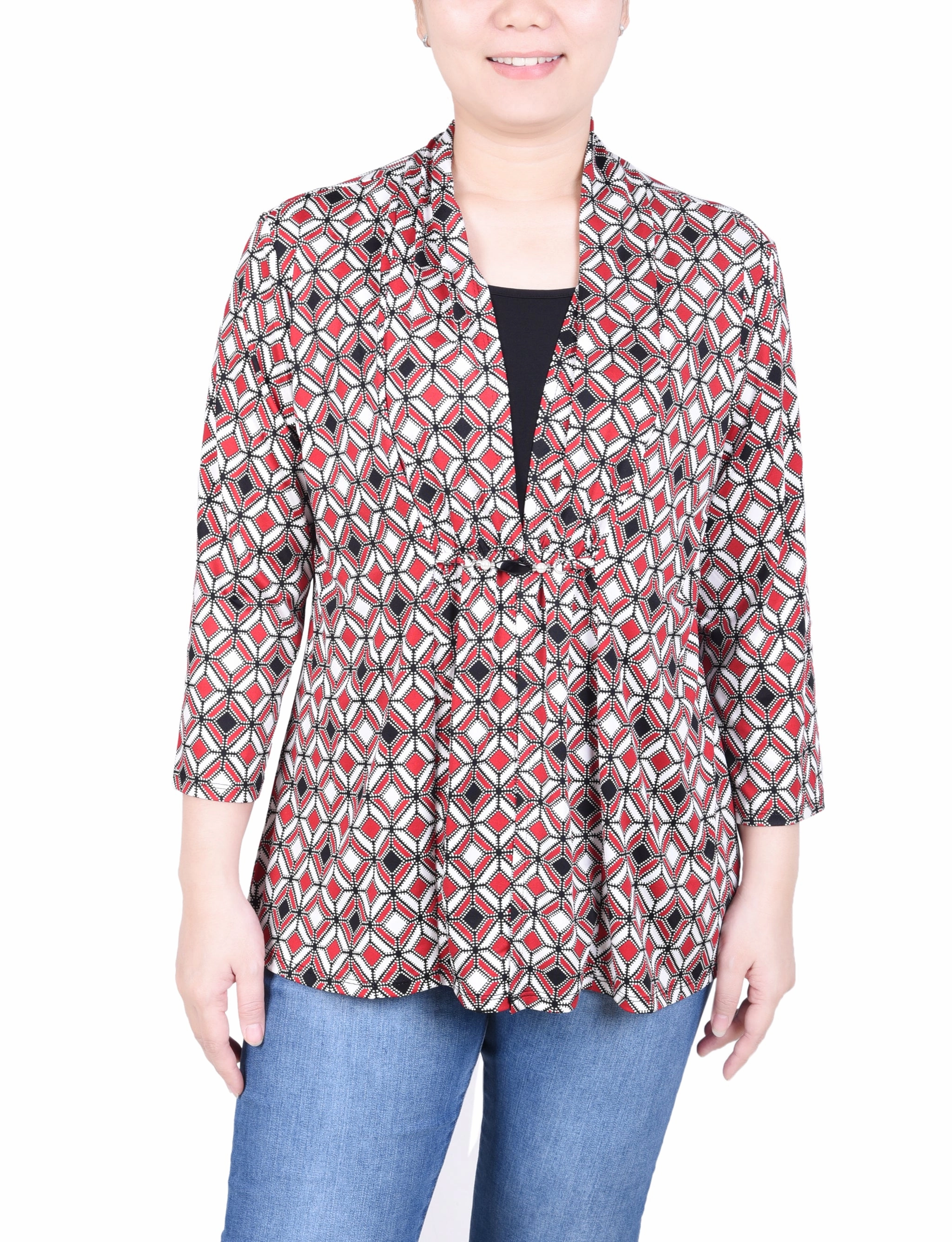 Elegant Cardigan NoSlipSurface Petite Puff Print 3/4 Sleeve Two-Fer Top